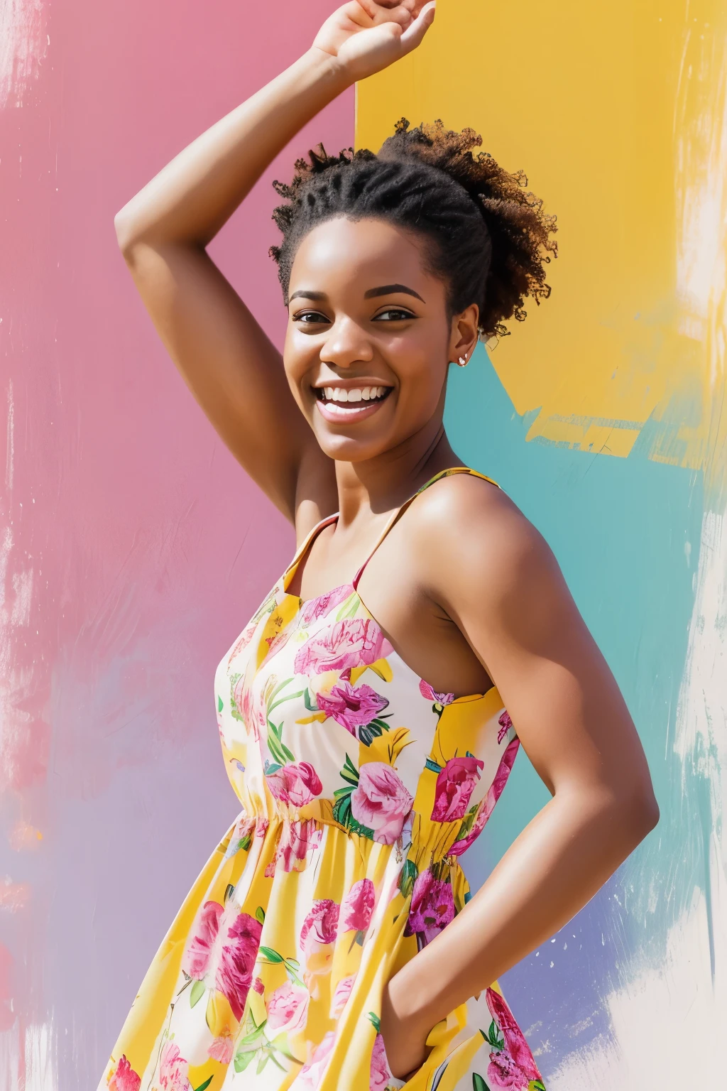 Beautiful portrait of a woman, stood with her hands in the air, action shot,smiling expression, wearing a spring dress, photorealistic, illustration, bright colours, highly detailed