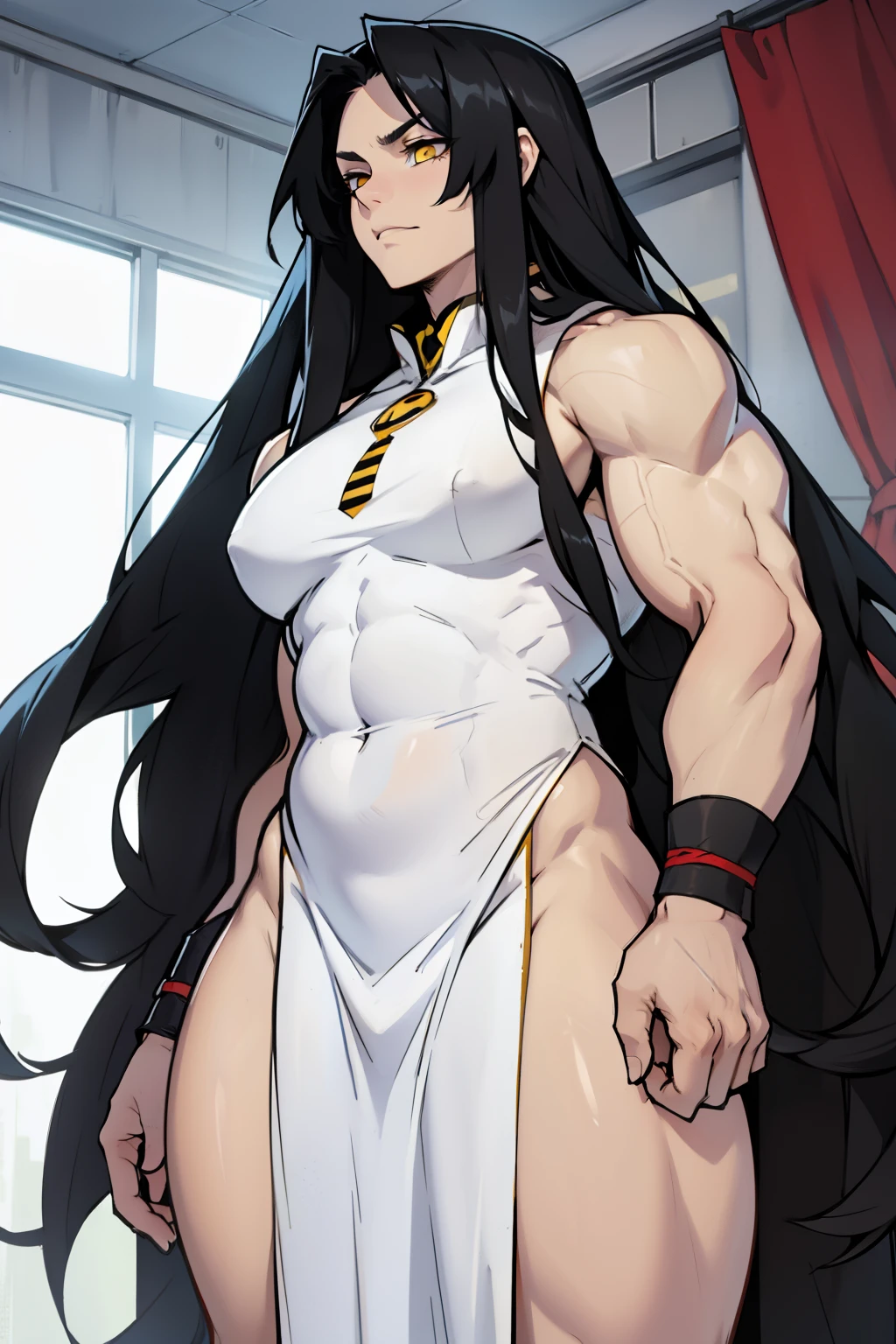 very long hair very long hair very long hair very long hair very long hair black hair yellow eyes pale skin muscular thick sad girl thick girl crotch curtain