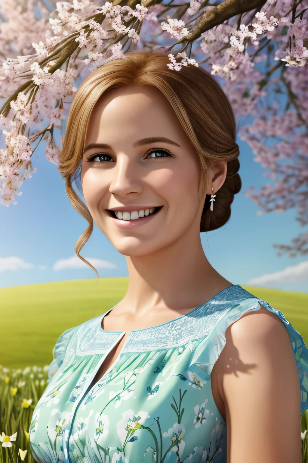 portrait of a invisible woman, stood in a spring landscape, smiling expression,  looks into the camera, wearing a spring dress, photorealistic, illustration, bright colours, spring weather, highly detailed