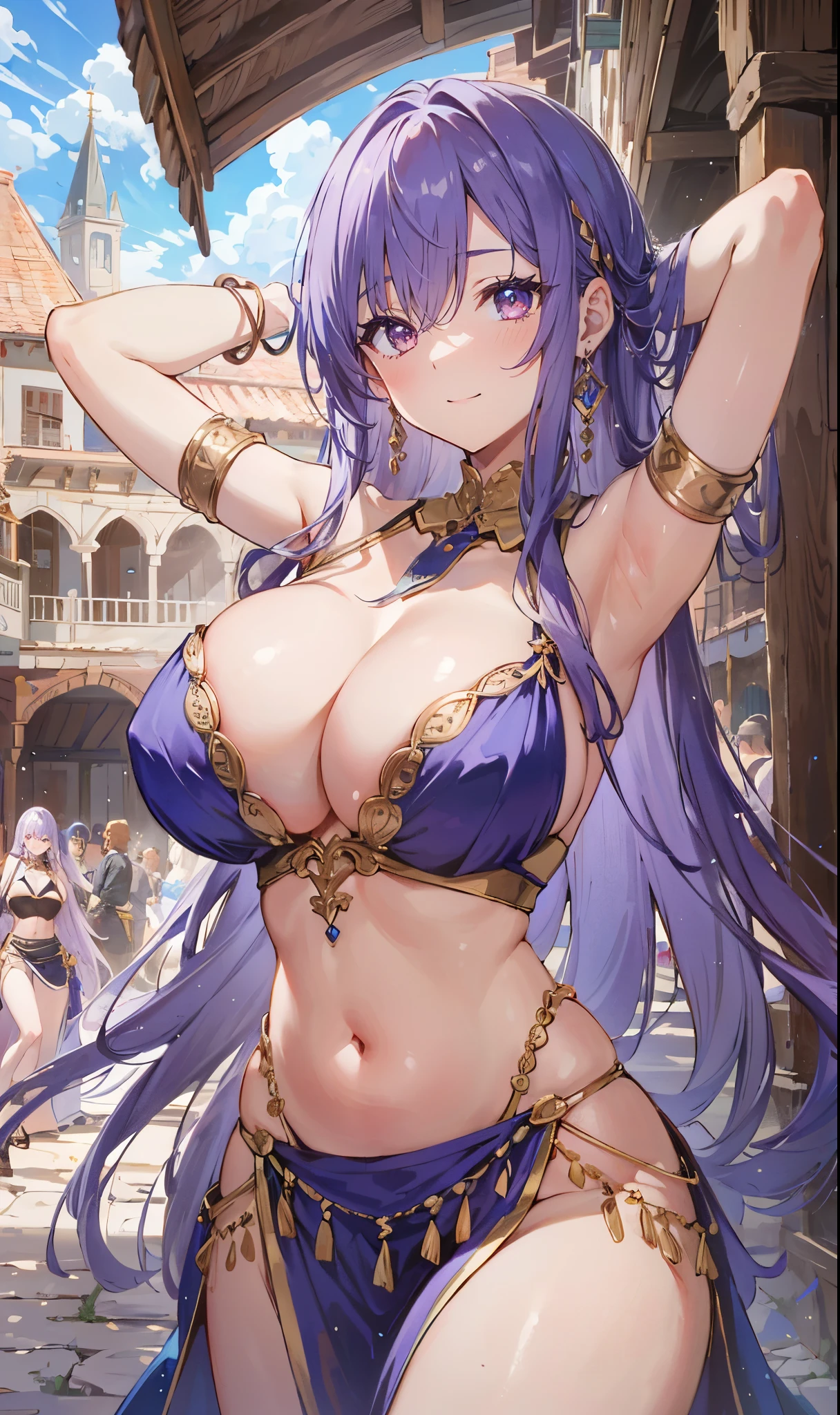 high quality, ultra detailed, best quality, insanely detailed, beautiful, masterpiece, 1girl, plaza, medieval Europe, cowboy shot, red eyes, long hair, light purple hair, (belly dancer, harem outfit, pelvic curtain:1.2), purple costume, bare legs, circlet, earrings, armlets, bracelets, bashful smile, dancing, large breasts, cleavage, soft stomach