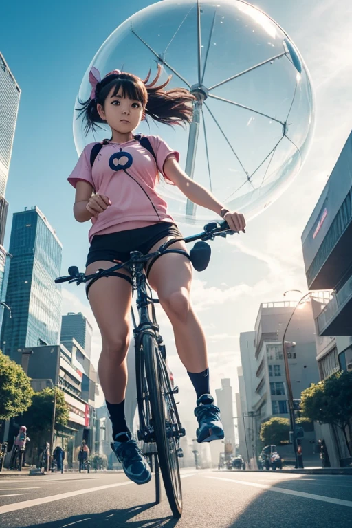 cute anime girl rides a bicycle, in running shorts, short shorts, A complex Bubble structure in a futuristic city