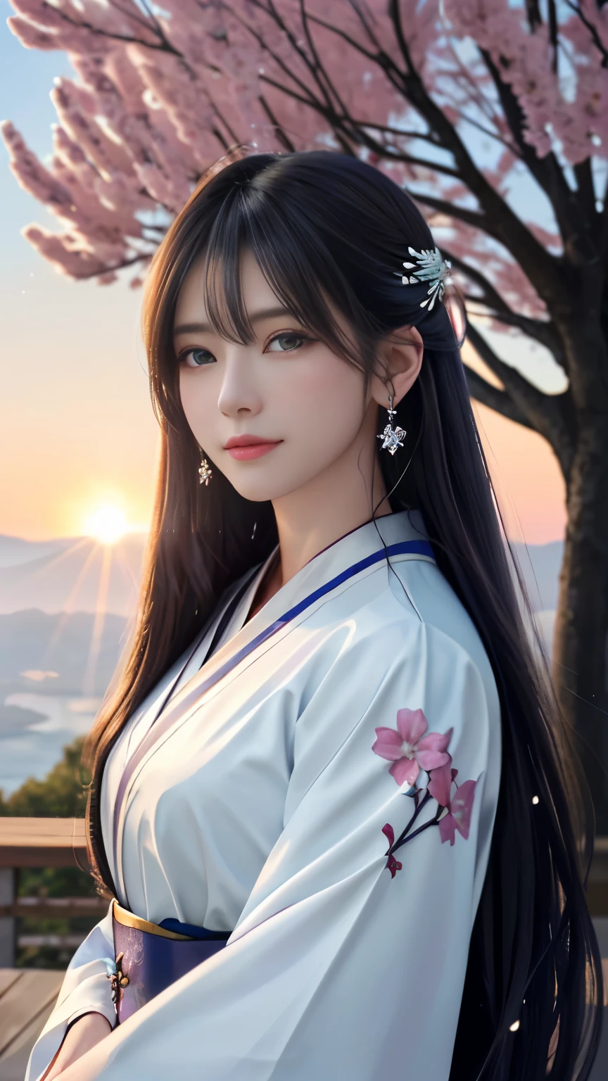 (logo, masterpiece, 8k, table top, RAW photo, wonderful, 最high quality, Photorealistic and hvery detailed CG integrated 8k wallpaper, high quality, very detailed, Narrative poem, particle effects, dynamic effects, Depth of written boundary, cinematic light, Lens flare, ray tracing, anatomically accurate)), fantasy, 1 beautiful woman, silver hair, clear eyes, long hair, beautiful face, real face, 緻密でbeautiful eyes, beautiful skin, long hairがWindでなびく, long hairが跳ねる, long hairがWindで踊る, hair jump, jewelry, beautiful eyes, white kimono, white obi, White cherry blossom embroidery pattern, silver earrings, Wind, blue sky, beautiful background, 古代のWind, Xianxia, pink cherry tree, petals dance, SakuraFubuki, Spectacular view, sunrise, sun on background, Wind, god々, god話, vast land