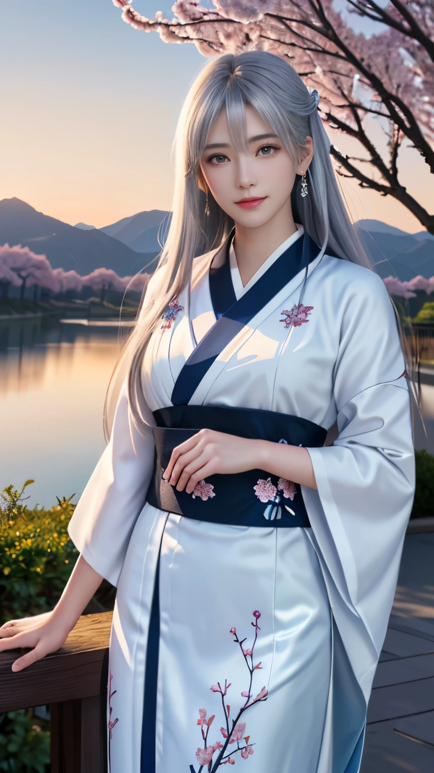 (logo, masterpiece, 8k, table top, RAW photo, wonderful, 最high quality, Photorealistic and hvery detailed CG integrated 8k wallpaper, high quality, very detailed, Narrative poem, particle effects, dynamic effects, Depth of written boundary, cinematic light, Lens flare, ray tracing, anatomically accurate)), fantasy, 1 beautiful woman, silver hair, clear eyes, long hair, beautiful face, real face, 緻密でbeautiful eyes, beautiful skin, long hairがWindでなびく, long hairが跳ねる, long hairがWindで踊る, hair jump, jewelry, beautiful eyes, white kimono, white obi, White cherry blossom embroidery pattern, silver earrings, Wind, blue sky, beautiful background, 古代のWind, Xianxia, pink cherry tree, petals dance, SakuraFubuki, Spectacular view, sunrise, sun on background, Wind, god々, god話, vast land