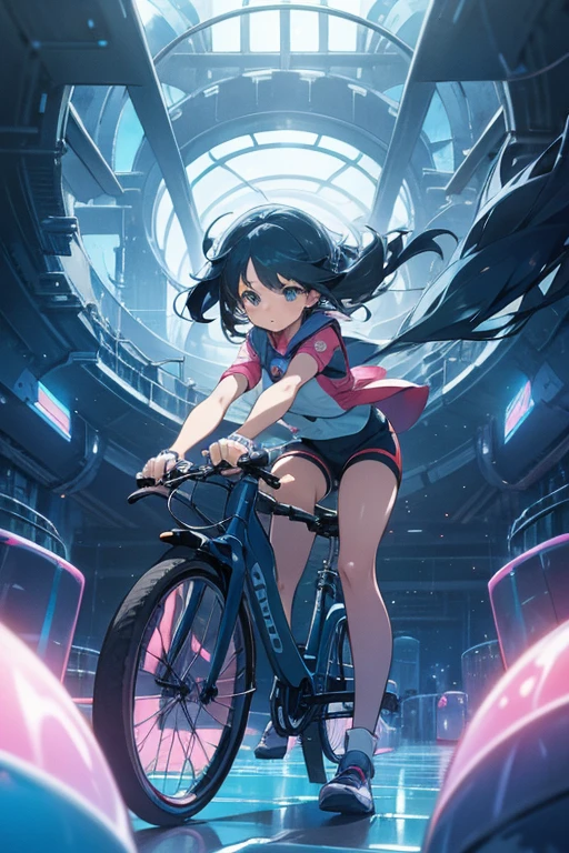 cute anime girl rides a bicycle, in running shorts, short shorts, A complex Bubble structure in a futuristic city
