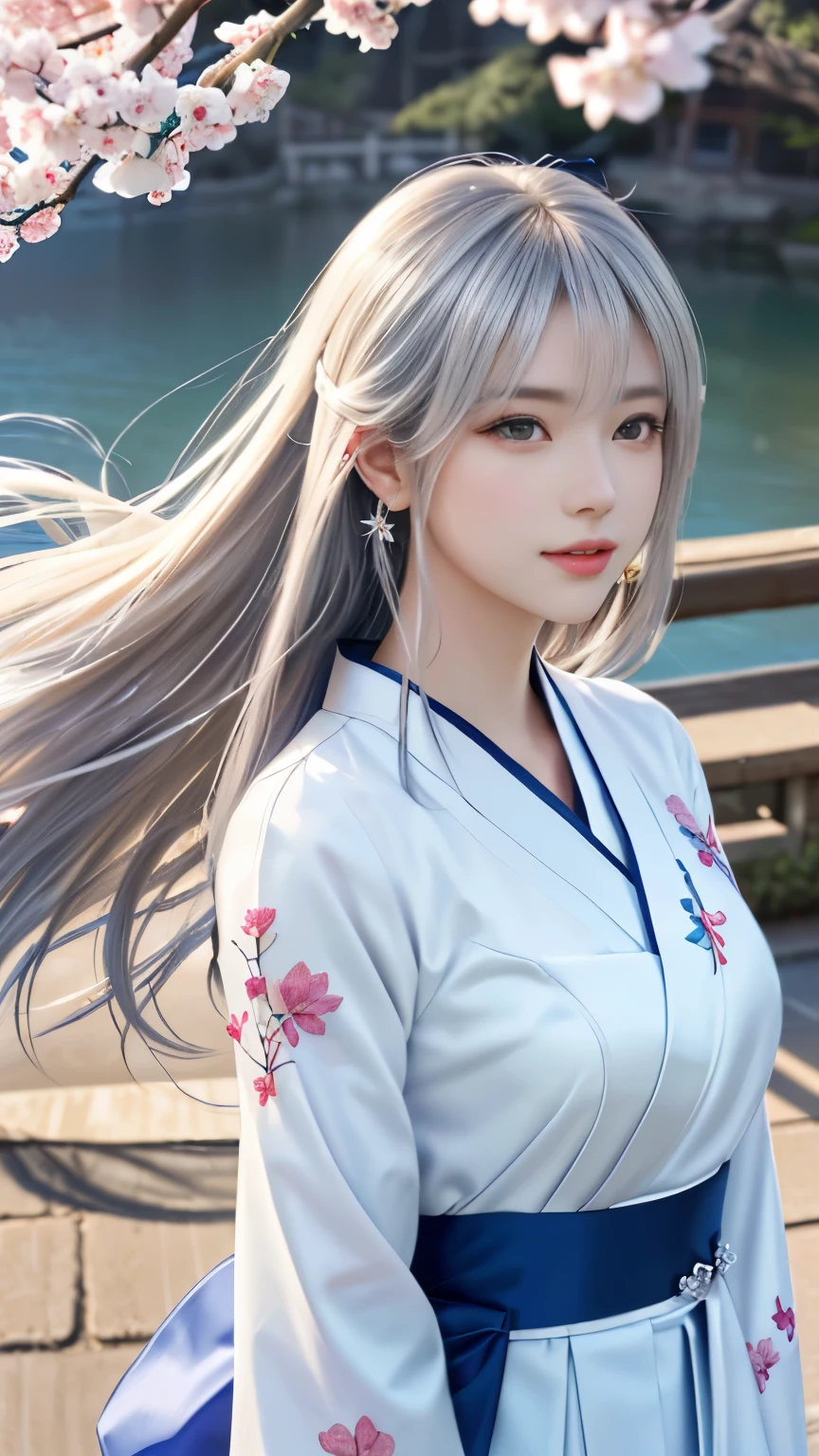 (logo, masterpiece, 8k, table top, RAW photo, wonderful, 最high quality, Photorealistic and hvery detailed CG integrated 8k wallpaper, high quality, very detailed, Narrative poem, particle effects, dynamic effects, Depth of written boundary, cinematic light, Lens flare, ray tracing, anatomically accurate)), fantasy, 1 beautiful woman, silver hair, clear eyes, long hair, beautiful face, real face, 緻密でbeautiful eyes, beautiful skin, long hairがWindでなびく, long hairが跳ねる, long hairがWindで踊る, hair jump, jewelry, beautiful eyes, white kimono, white obi, White cherry blossom embroidery pattern, silver earrings, Wind, blue sky, beautiful background, 古代のWind, Xianxia, pink cherry tree, petals dance, SakuraFubuki, Spectacular view, sunrise, sun on background, Wind, god々, god話, vast land