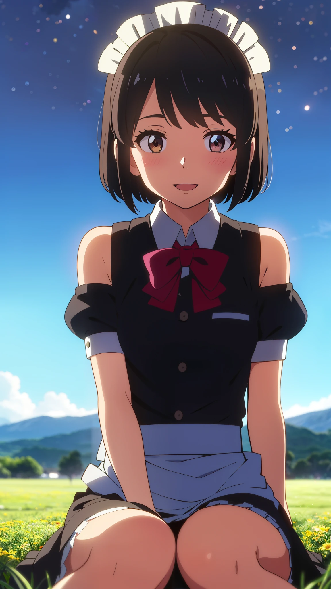 shinkai makoto, kimi no na wa., 1girl, bangs, black hair, blush, brown eyes, shiny skin, ((girl wear maid dress, Off-the-shoulders, short dress, short skirt, maid headdress)), red bow, red ribbon, short hair, smile, cute, solo, happy, open mouth, looking at viewer, flower field, Sit on grass, night, night sky, cloudy, dynamic lights, upper body