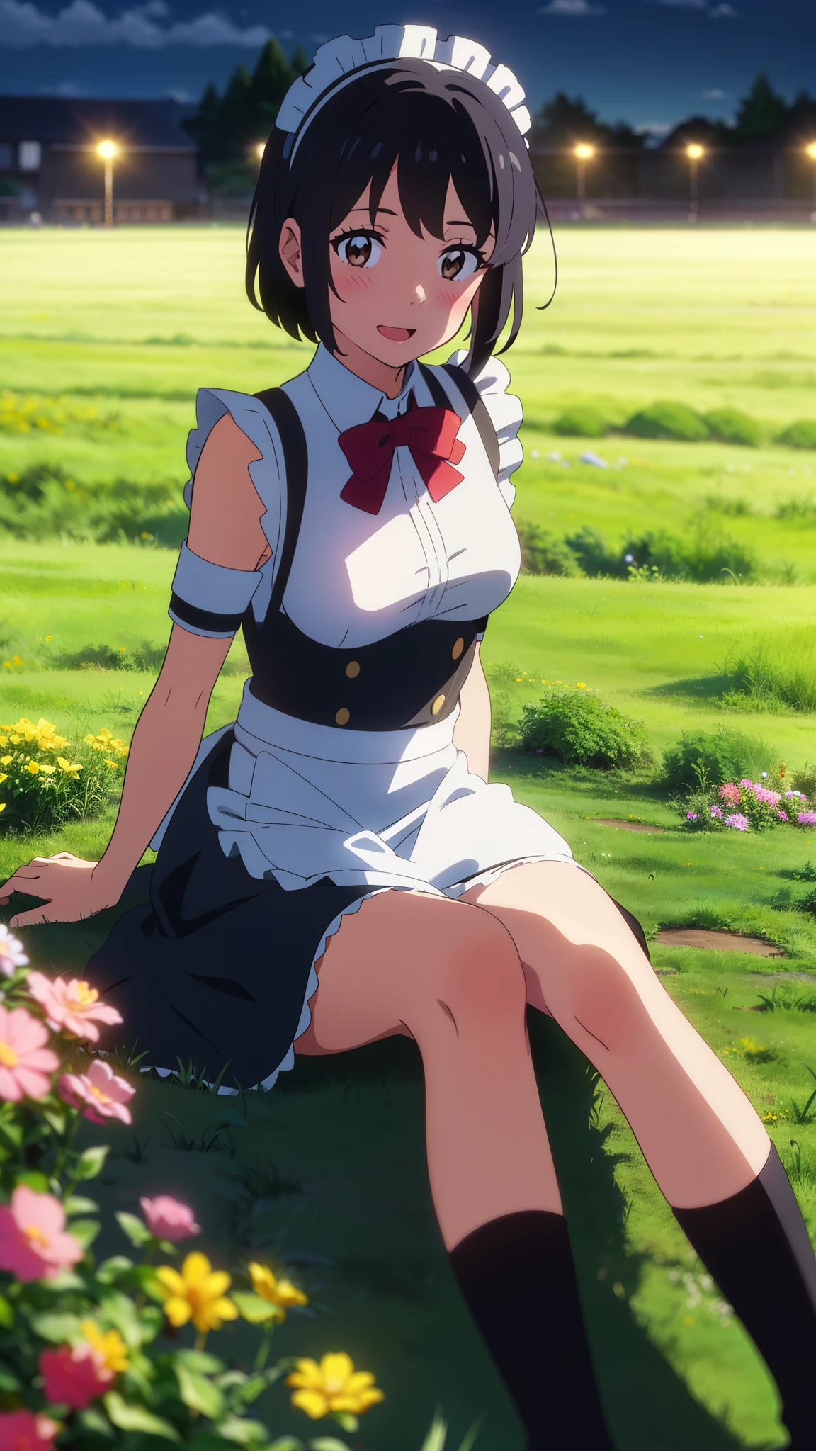 shinkai makoto, kimi no na wa., 1girl, bangs, black hair, blush, brown eyes, shiny skin, ((girl wear maid dress, Off-the-shoulders, short dress, short skirt, maid headdress)), red bow, red ribbon, short hair, smile, cute, solo, happy, open mouth, looking at viewer, flower field, Sit on grass, night, night sky, cloudy, dynamic lights