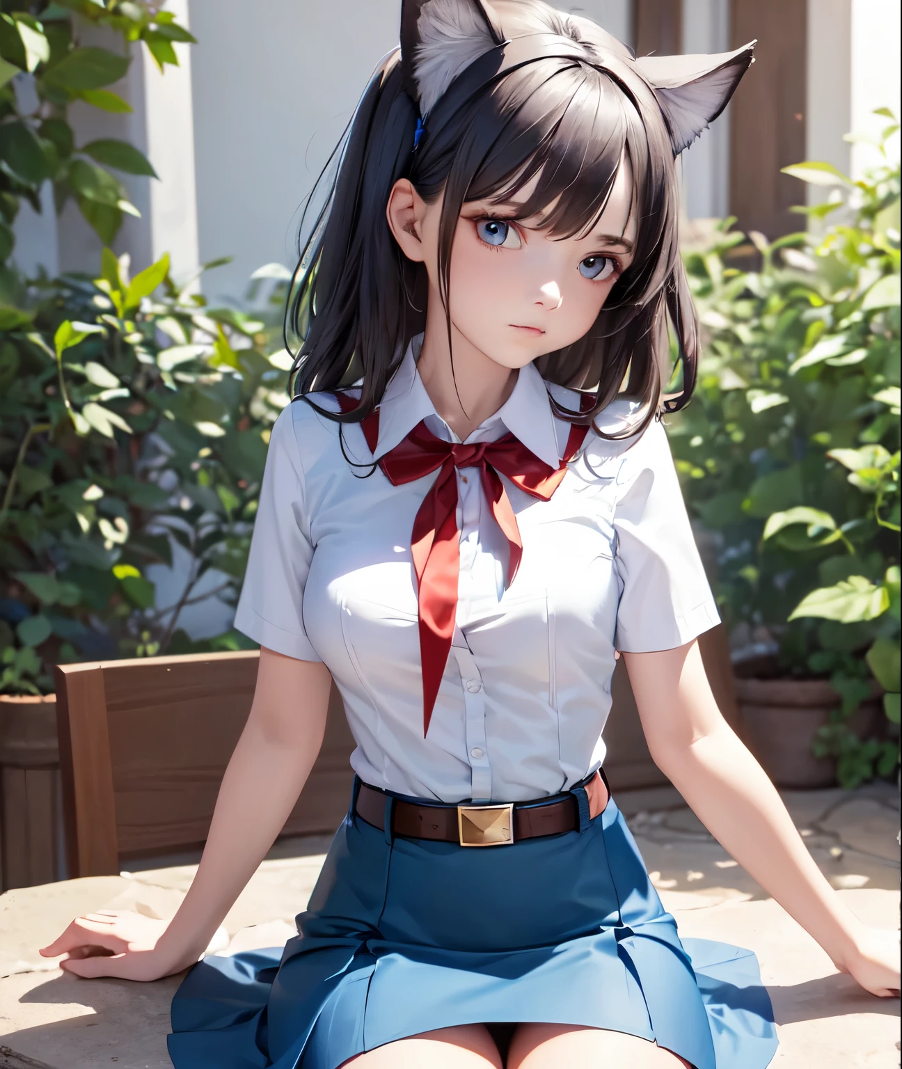 very young slim fit girl, pioneer neckerchief, very short blue skirt, bangs, collarbone, tight white shirt, bursting breast, short sleeves, collared shirt, belt, red neckerchief, full height, rounded face, very long disheveled dark brown hair, big brown eyes, sluty smile, perfect flat breast, band on head with fake cat ears, monroe, realrussian