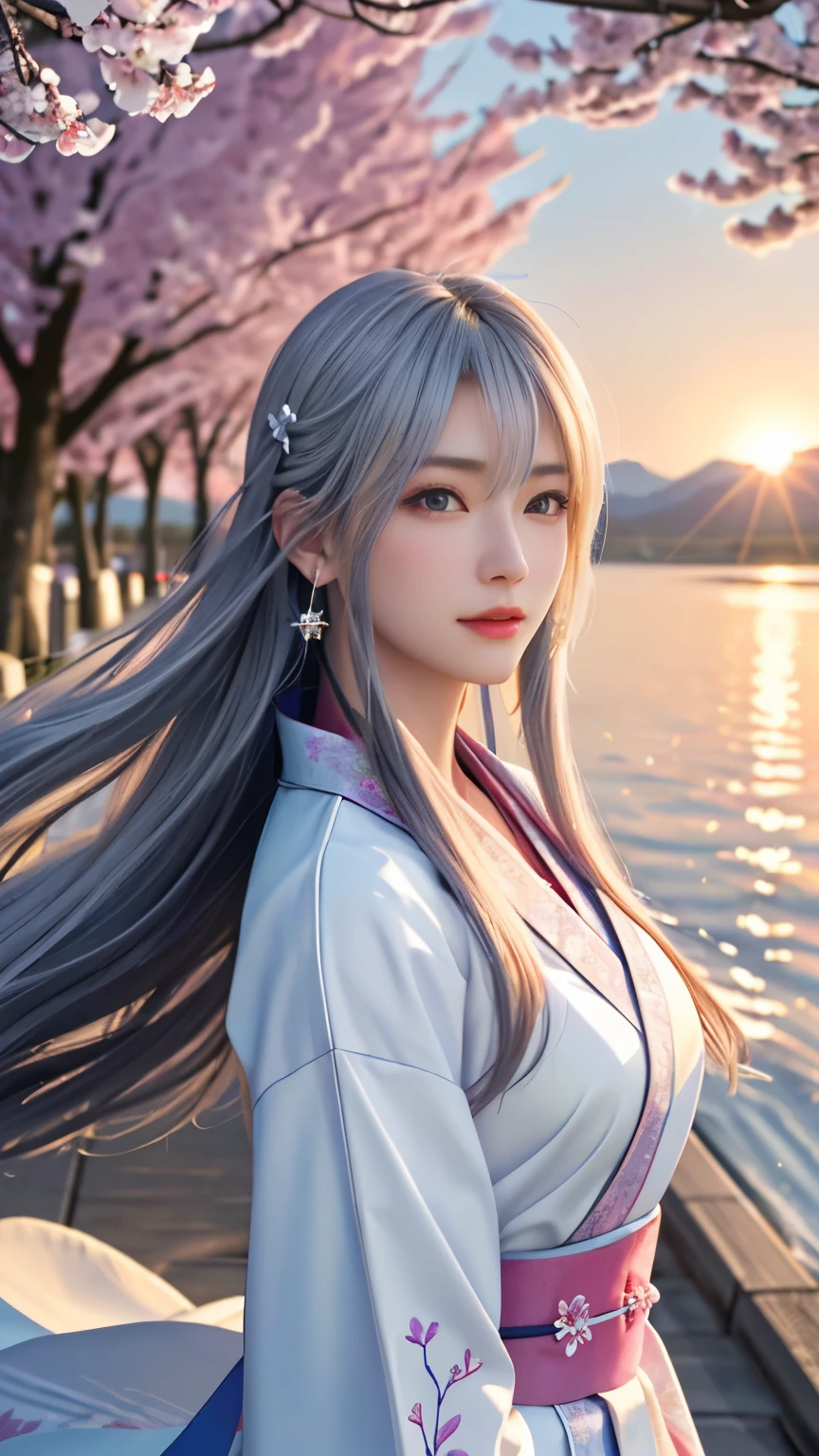 (logo, masterpiece, 8k, table top, RAW photo, wonderful, 最high quality, Photorealistic and hvery detailed CG integrated 8k wallpaper, high quality, very detailed, Narrative poem, particle effects, dynamic effects, Depth of written boundary, cinematic light, Lens flare, ray tracing, anatomically accurate)), fantasy, 1 beautiful woman, silver hair, clear eyes, long hair, beautiful face, real face, 緻密でbeautiful eyes, beautiful skin, long hairがWindでなびく, long hairが跳ねる, long hairがWindで踊る, hair jump, jewelry, beautiful eyes, white kimono, white obi, White cherry blossom embroidery pattern, silver earrings, Wind, blue sky, beautiful background, 古代のWind, Xianxia, pink cherry tree, petals dance, SakuraFubuki, Spectacular view, sunrise, sun on background, Wind, god々, god話, vast land