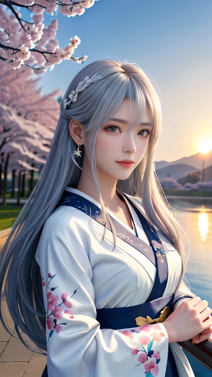 (logo, masterpiece, 8k, table top, RAW photo, wonderful, 最high quality, Photorealistic and hvery detailed CG integrated 8k wallpaper, high quality, very detailed, Narrative poem, particle effects, dynamic effects, Depth of written boundary, cinematic light, Lens flare, ray tracing, anatomically accurate)), fantasy, 1 beautiful woman, silver hair, clear eyes, long hair, beautiful face, real face, 緻密でbeautiful eyes, beautiful skin, long hairがWindでなびく, long hairが跳ねる, long hairがWindで踊る, hair jump, jewelry, beautiful eyes, white kimono, white obi, White cherry blossom embroidery pattern, silver earrings, Wind, blue sky, beautiful background, 古代のWind, Xianxia, pink cherry tree, petals dance, SakuraFubuki, Spectacular view, sunrise, sun on background, Wind, god々, god話, vast land