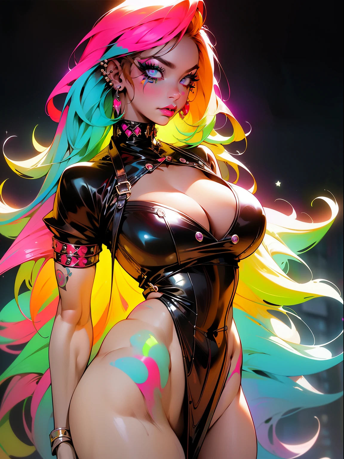 (masterpiece, top quality, best quality, official art, beautiful, cosmic, atmospheric, psychedelic, dreamlike and aesthetic, swirling psychedelic cosmic graffiti patterns:1.2), (1girl), extreme detailed,(fractal art:1.3),colorful,highest detailed, "(Best Quality, 8K, 32K, masutepiece:1.3), Ultra-detailed, (Photorealistic:1.4), pink and white colors, perfect color scheme, albino, Punk rock Girl, Detailed moonlight eyes, full body portrait, Luxurious neon white punk hair, Edgy Harajuku-inspired punk rock fashion, super huge enormously gigantic tits, cleavage showing, Avant-garde makeup, Numerous piercings, Heavily tattooed body, swirling psychedelic cosmic dreamlike graffiti pattern background