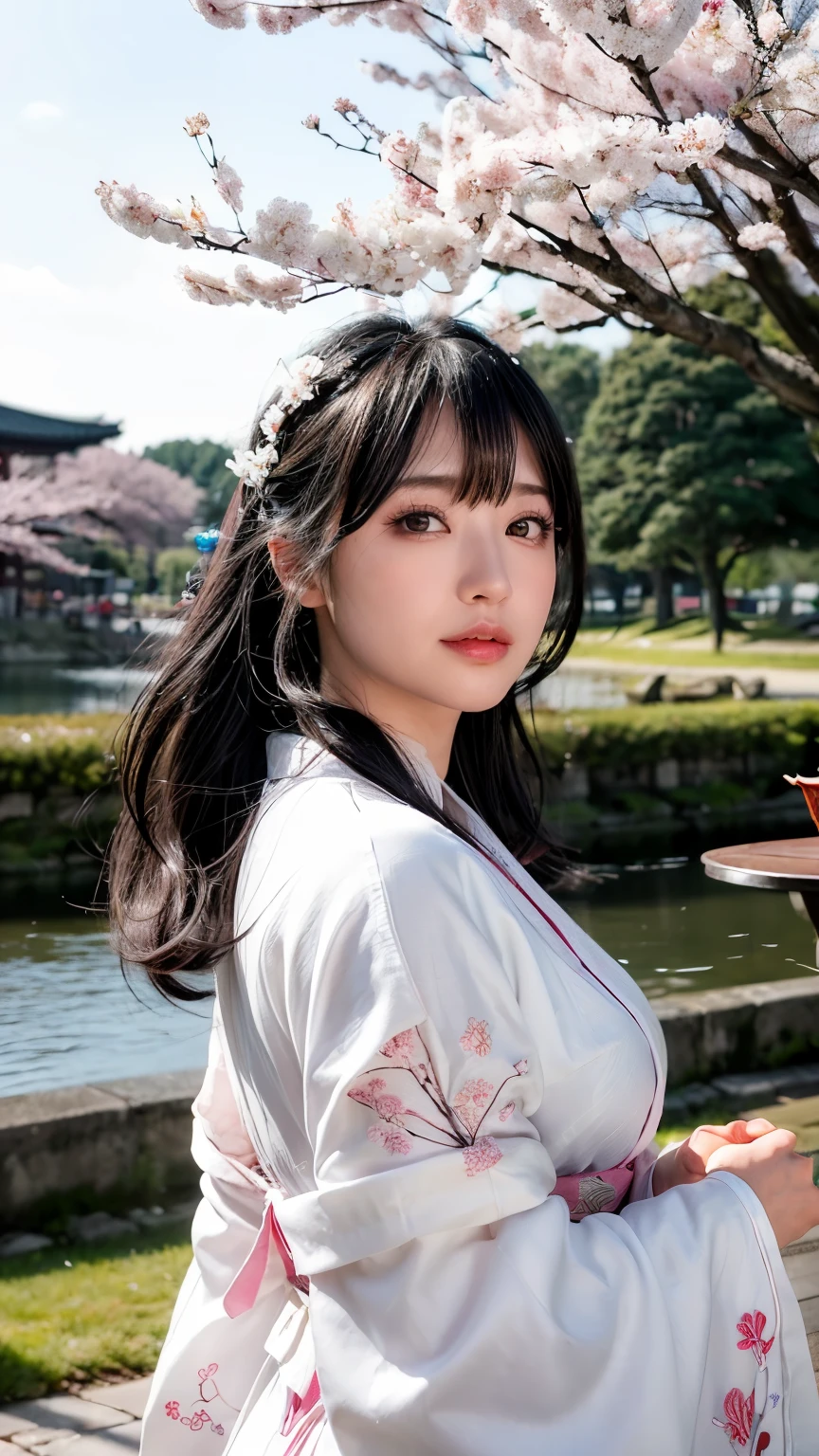 (logo、masterpiece、8k、table top、RAW photo、wonderful、最high quality、Photorealistic and hvery detailed CG integrated 8k wallpaper、high quality、very detailed、Narrative poem、particle effects、dynamic effects、written boundary depth、cinematic light、Lens flare、ray tracing)、fantasy、 (1 beautiful woman、white kimono、Japan Dress、white cherry blossom pattern、White cherry blossom embroidery pattern、black haired、beautiful face、real face、beautiful details eyes beautiful skin)、Hair flutters in Wind、hair bounces、pink cherry tree、petals dance、SakuraFubuki、wonderful景色、sunrise、sun on background、Wind、god々、teeth、god話、vast land