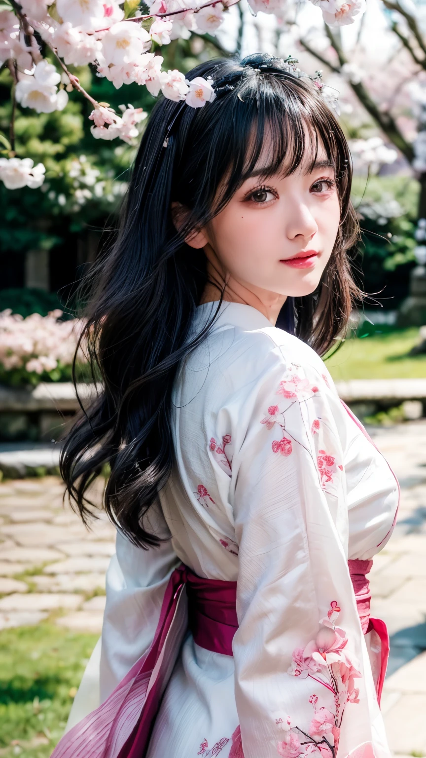 (logo、masterpiece、8k、table top、RAW photo、wonderful、最high quality、Photorealistic and hvery detailed CG integrated 8k wallpaper、high quality、very detailed、Narrative poem、particle effects、dynamic effects、written boundary depth、cinematic light、Lens flare、ray tracing)、fantasy、 (1 beautiful woman、white kimono、Japan Dress、white cherry blossom pattern、White cherry blossom embroidery pattern、black haired、beautiful face、real face、beautiful details eyes beautiful skin)、Hair flutters in Wind、hair bounces、pink cherry tree、petals dance、SakuraFubuki、wonderful景色、sunrise、sun on background、Wind、god々、teeth、god話、vast land