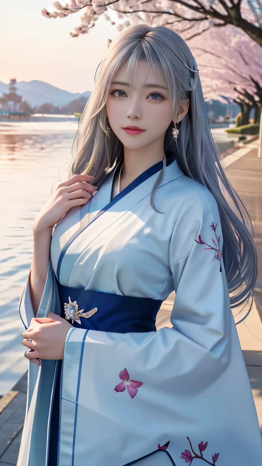 (logo, masterpiece, 8k, table top, RAW photo, wonderful, 最high quality, Photorealistic and hvery detailed CG integrated 8k wallpaper, high quality, very detailed, Narrative poem, particle effects, dynamic effects, Depth of written boundary, cinematic light, Lens flare, ray tracing, anatomically accurate)), fantasy, 1 beautiful woman, silver hair, clear eyes, long hair, beautiful face, real face, 緻密でbeautiful eyes, beautiful skin, long hairがWindでなびく, long hairが跳ねる, long hairがWindで踊る, hair jump, jewelry, beautiful eyes, white kimono, white obi, White cherry blossom embroidery pattern, silver earrings, Wind, blue sky, beautiful background, 古代のWind, Xianxia, pink cherry tree, petals dance, SakuraFubuki, Spectacular view, sunrise, sun on background, Wind, god々, god話, vast land