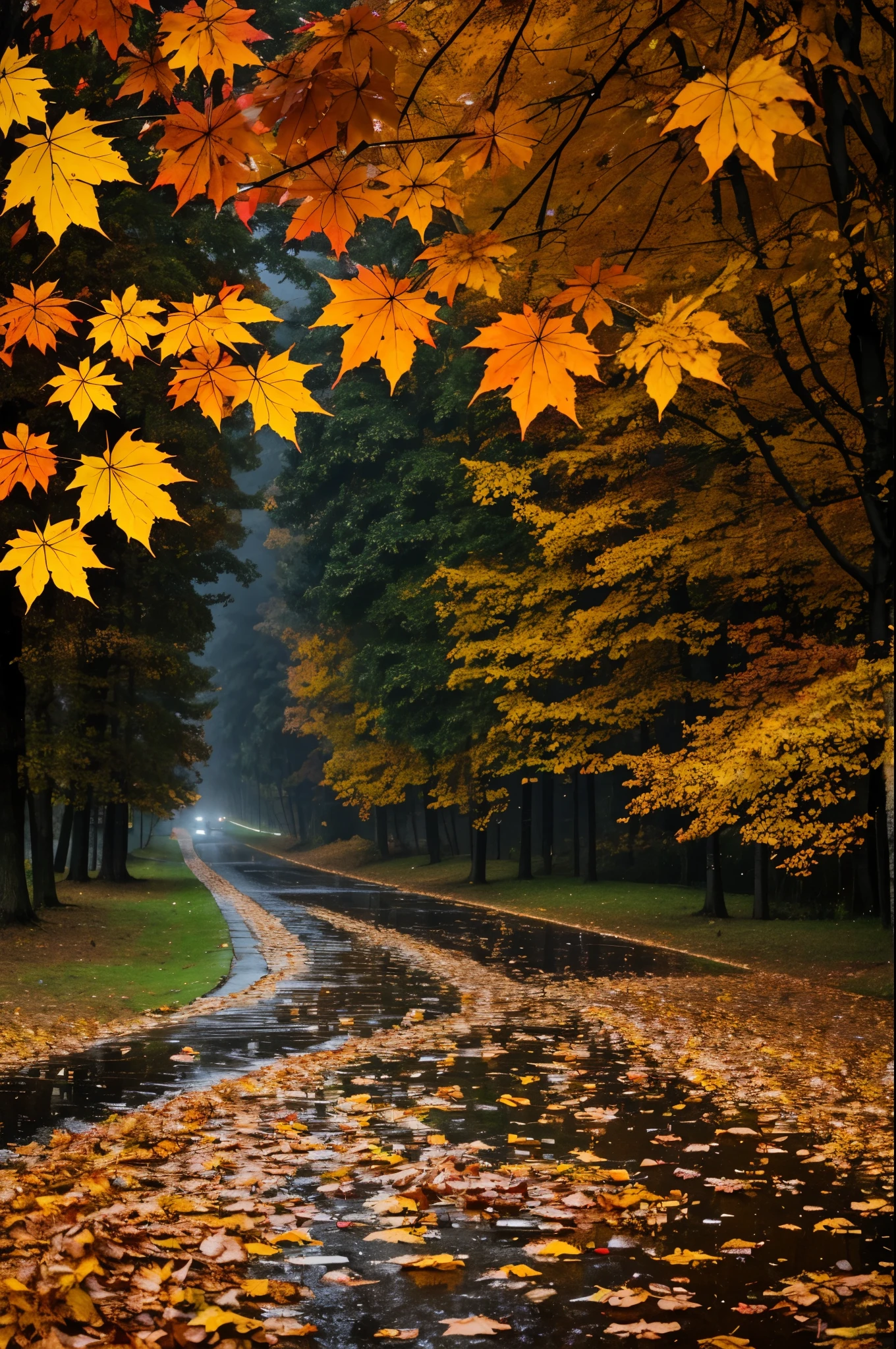 foto real, autumn leaves in the rain, alta definicion, uhd, 8k