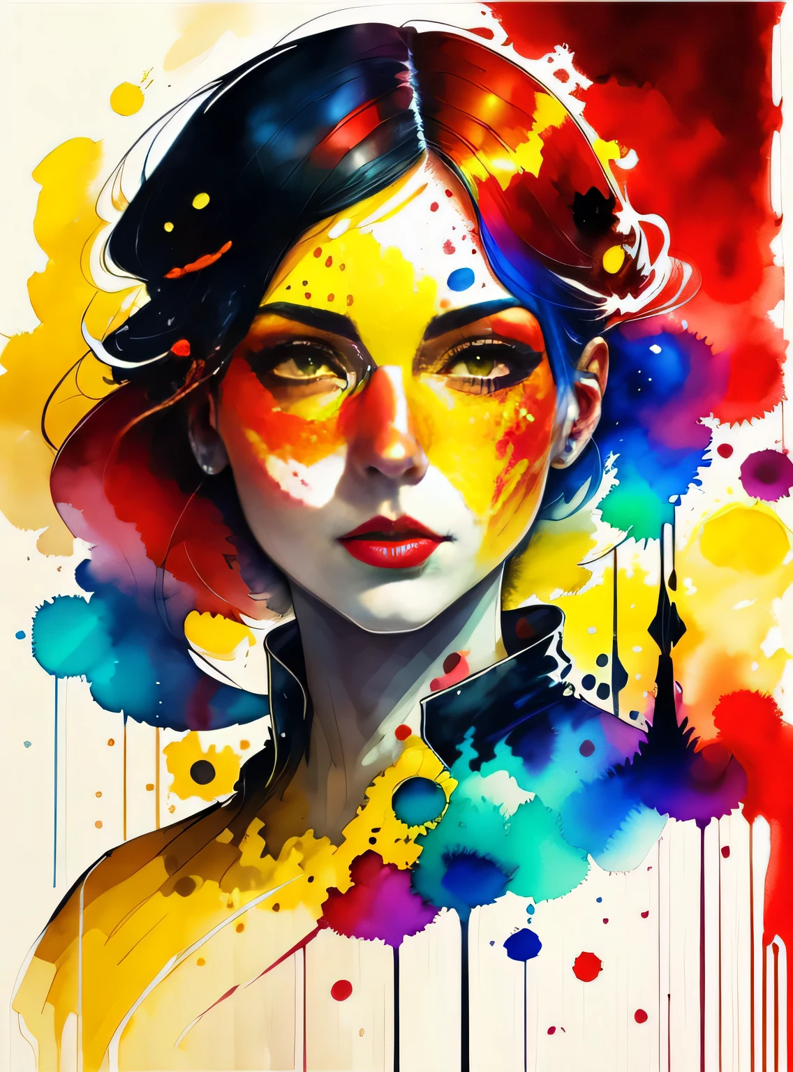 Uma pintura de uma mulher com rosto vermelho e amarelo, Aquarelas Sylvia Pelissero, Copo, arte figurativa, Pintura em aquarela intensa, arte detalhada em aquarela, respingo de aquarela, Surreal, Arte pop de vanguarda, Pintura bonita e expressiva, beautiful fine art illustration, tons muito coloridos, Fantastic, Beleza legal, mais alta qualidade,arte oficial, Just women, sharp contour