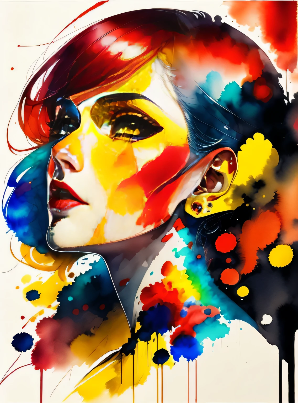 Uma pintura de uma mulher com rosto vermelho e amarelo, Aquarelas Sylvia Pelissero, Copo, arte figurativa, Pintura em aquarela intensa, arte detalhada em aquarela, respingo de aquarela, Surreal, Arte pop de vanguarda, Pintura bonita e expressiva, beautiful fine art illustration, tons muito coloridos, Fantastic, Beleza legal, mais alta qualidade,arte oficial, Just women, sharp contour
