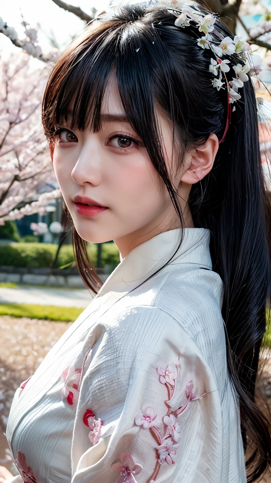 (logo、masterpiece、8k、table top、RAW photo、wonderful、最high quality、Photorealistic and hvery detailed CG integrated 8k wallpaper、high quality、very detailed、Narrative poem、particle effects、dynamic effects、written boundary depth、cinematic light、Lens flare、ray tracing)、fantasy、 (1 beautiful woman、white kimono、Japan Dress、white cherry blossom pattern、White cherry blossom embroidery pattern、black haired、beautiful face、real face、beautiful details eyes beautiful skin)、Hair flutters in Wind、hair bounces、pink cherry tree、petals dance、SakuraFubuki、wonderful景色、sunrise、sun on background、Wind、god々、teeth、god話、vast land