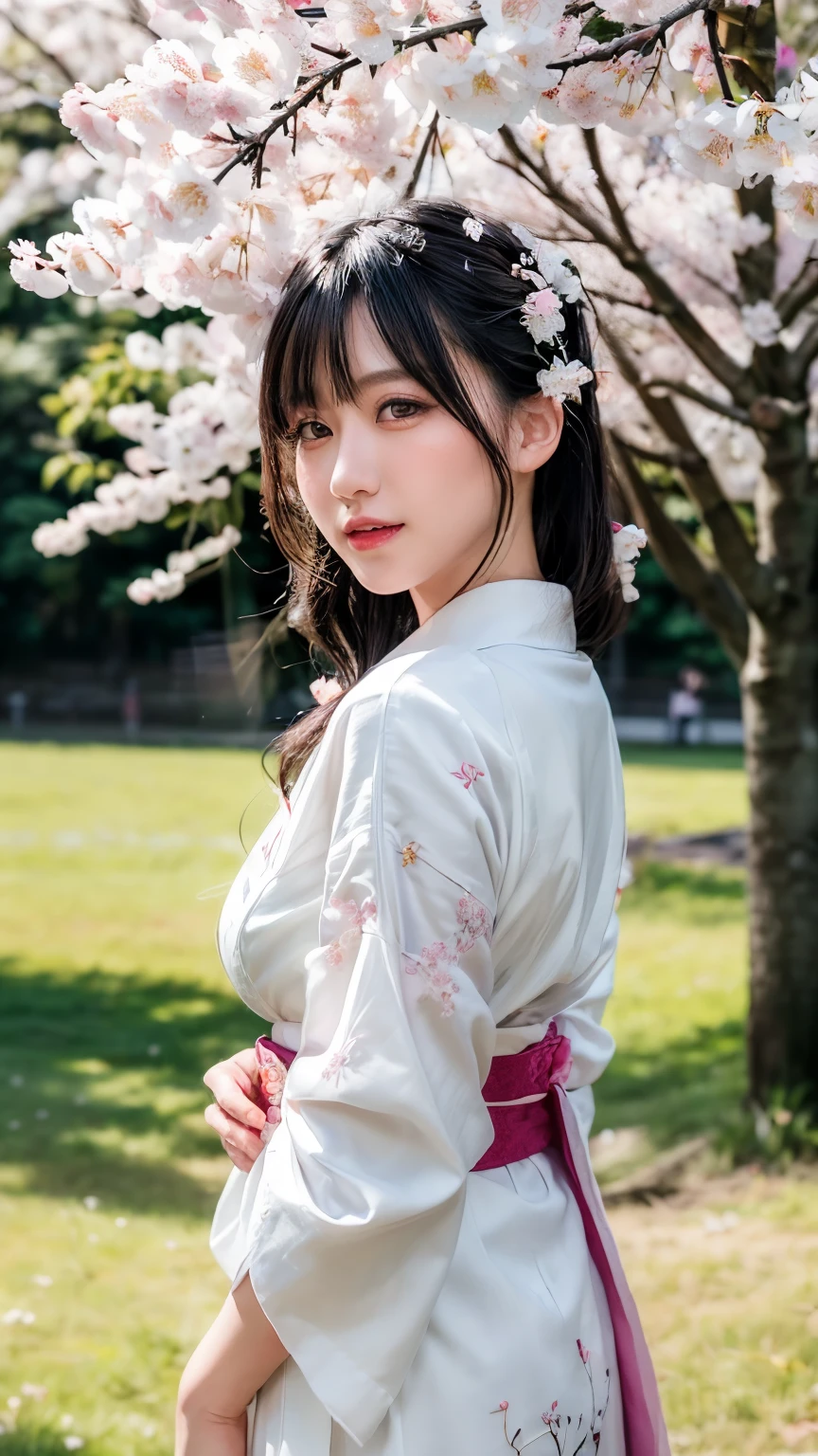 (logo、masterpiece、8k、table top、RAW photo、wonderful、最high quality、Photorealistic and hvery detailed CG integrated 8k wallpaper、high quality、very detailed、Narrative poem、particle effects、dynamic effects、written boundary depth、cinematic light、Lens flare、ray tracing)、fantasy、 (1 beautiful woman、white kimono、Japan Dress、white cherry blossom pattern、White cherry blossom embroidery pattern、black haired、beautiful face、real face、beautiful details eyes beautiful skin)、Hair flutters in Wind、hair bounces、pink cherry tree、petals dance、SakuraFubuki、wonderful景色、sunrise、sun on background、Wind、god々、teeth、god話、vast land