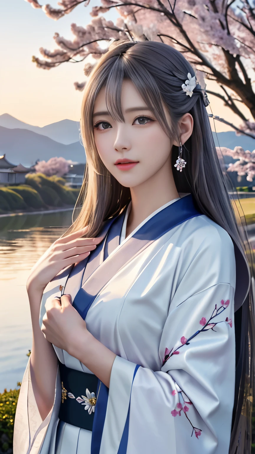 (logo, masterpiece, 8k, table top, RAW photo, wonderful, 最high quality, Photorealistic and hvery detailed CG integrated 8k wallpaper, high quality, very detailed, Narrative poem, particle effects, dynamic effects, Depth of written boundary, cinematic light, Lens flare, ray tracing, anatomically accurate)), fantasy, 1 beautiful woman, silver hair, clear eyes, long hair, beautiful face, real face, 緻密でbeautiful eyes, beautiful skin, long hairがWindでなびく, long hairが跳ねる, long hairがWindで踊る, hair jump, jewelry, beautiful eyes, white kimono, white obi, White cherry blossom embroidery pattern, silver earrings, Wind, blue sky, beautiful background, 古代のWind, Xianxia, pink cherry tree, petals dance, SakuraFubuki, Spectacular view, sunrise, sun on background, Wind, god々, god話, vast land