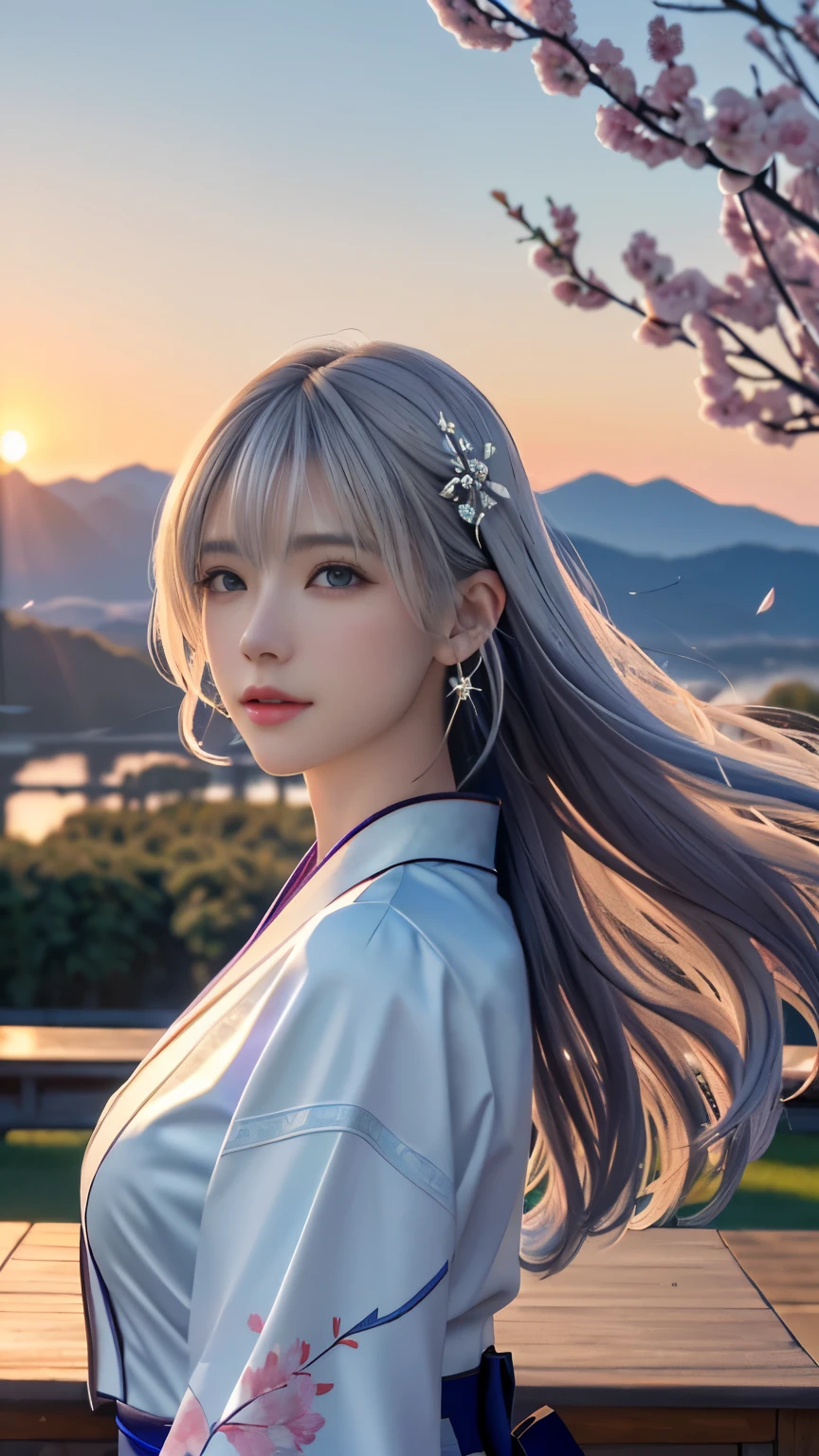 (logo, masterpiece, 8k, table top, RAW photo, wonderful, 最high quality, Photorealistic and hvery detailed CG integrated 8k wallpaper, high quality, very detailed, Narrative poem, particle effects, dynamic effects, Depth of written boundary, cinematic light, Lens flare, ray tracing, anatomically accurate)), fantasy, 1 beautiful woman, silver hair, clear eyes, long hair, beautiful face, real face, 緻密でbeautiful eyes, beautiful skin, long hairがWindでなびく, long hairが跳ねる, long hairがWindで踊る, hair jump, jewelry, beautiful eyes, white kimono, white obi, White cherry blossom embroidery pattern, silver earrings, Wind, blue sky, beautiful background, 古代のWind, Xianxia, pink cherry tree, petals dance, SakuraFubuki, Spectacular view, sunrise, sun on background, Wind, god々, god話, vast land
