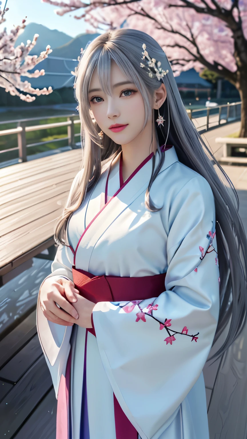 (logo, masterpiece, 8k, table top, RAW photo, wonderful, 最high quality, Photorealistic and hvery detailed CG integrated 8k wallpaper, high quality, very detailed, Narrative poem, particle effects, dynamic effects, Depth of written boundary, cinematic light, Lens flare, ray tracing, anatomically accurate)), fantasy, 1 beautiful woman, silver hair, clear eyes, long hair, beautiful face, real face, 緻密でbeautiful eyes, beautiful skin, long hairがWindでなびく, long hairが跳ねる, long hairがWindで踊る, hair jump, jewelry, beautiful eyes, white kimono, white obi, White cherry blossom embroidery pattern, silver earrings, Wind, blue sky, beautiful background, 古代のWind, Xianxia, pink cherry tree, petals dance, SakuraFubuki, Spectacular view, sunrise, sun on background, Wind, god々, god話, vast land