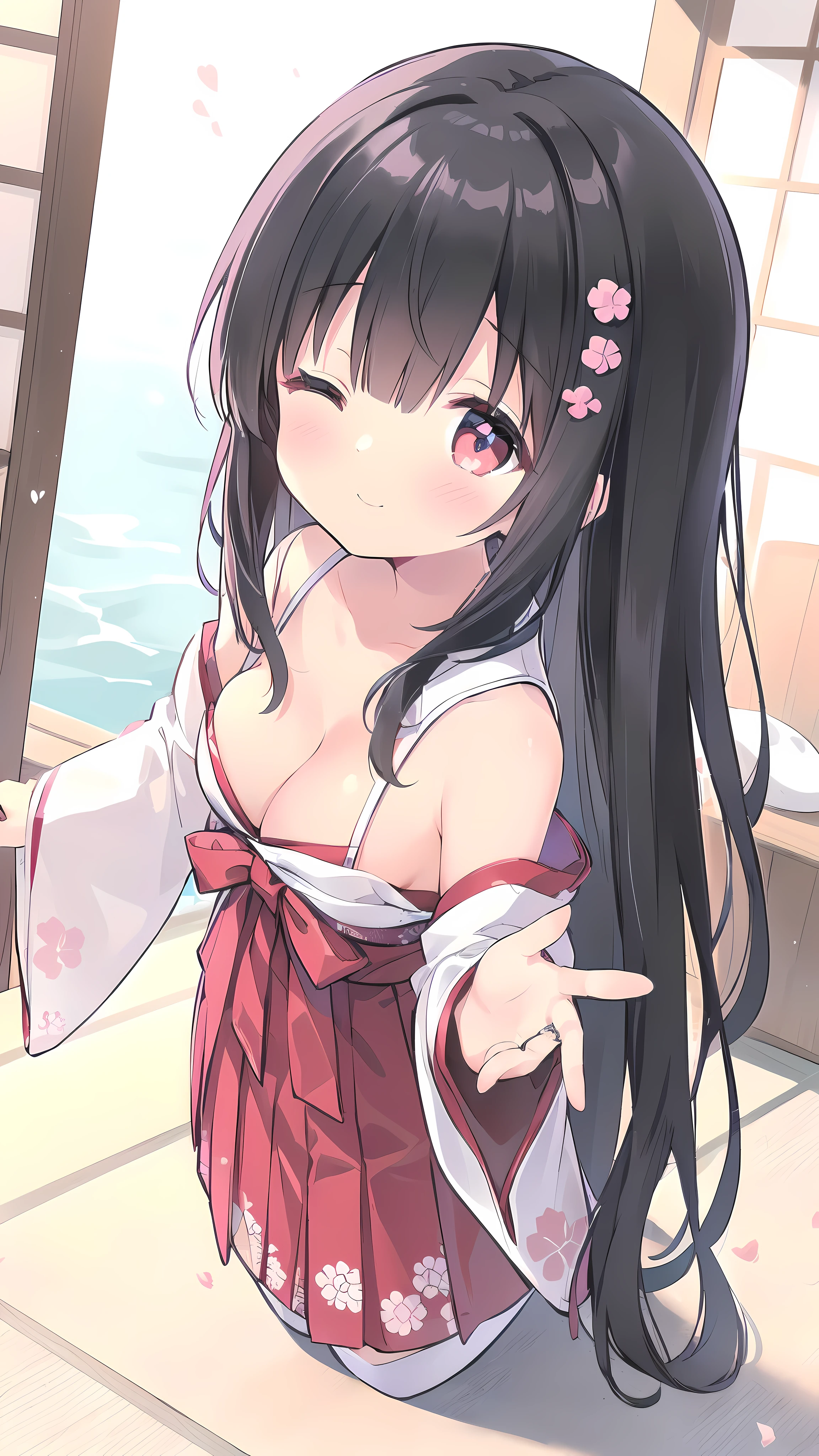 (small short figure girl, cute girl like a little sister aura:1.3), (leaning to viewer for a kiss:1.5), (detached sleeve, Married, Japanese bride, Wedding, wedding hakama skirt, yamato nadeshiko, 1girl, solo, outdoor, cute japanese model girl, very long hair, floral print, wedding hair ornament, wedding kimono, hakama, bangs, detailed long black hair, deep red rubby eyes:1.4), (masterpiece, best quality, HD Pictures, 4K:1.3), gentle look, gentle smile, gentle eyes, mature looking, pinkish cheeks, very detailed eyes, very detailed pupils, very detailed hair, furisode, flower head accessories, from front pov, detailed face, full body, look up to viewer, close up to forehead, (deep cleavage, bare shoulders, blushing red cheeks, both eyes closed waiting dor viewer's kiss, face leaning forward for a kiss and lean to viewer, open arms welcoming hug:1.4)