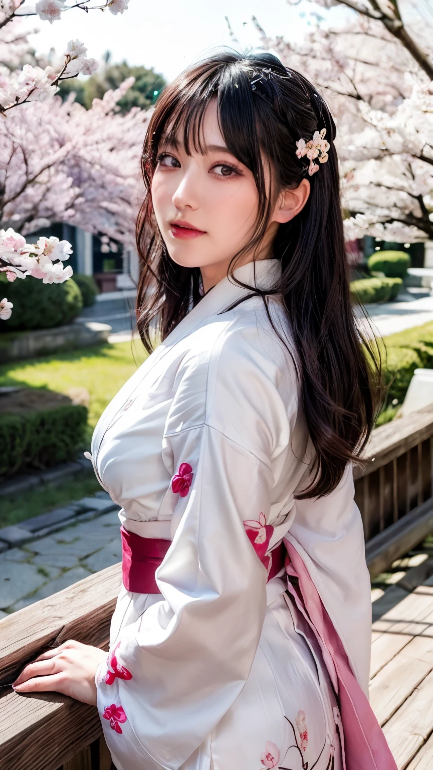 (logo、masterpiece、8k、table top、RAW photo、wonderful、最high quality、Photorealistic and hvery detailed CG integrated 8k wallpaper、high quality、very detailed、Narrative poem、particle effects、dynamic effects、written boundary depth、cinematic light、Lens flare、ray tracing)、fantasy、 (1 beautiful woman、white kimono、Japan Dress、white cherry blossom pattern、White cherry blossom embroidery pattern、black haired、beautiful face、real face、beautiful details eyes beautiful skin)、Hair flutters in Wind、hair bounces、pink cherry tree、petals dance、SakuraFubuki、wonderful景色、sunrise、sun on background、Wind、god々、teeth、god話、vast land