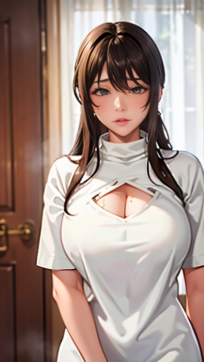 beautiful, (masterpiece:1.2), (best quality:1.2), perfect eyes, perfect face, perfect lighting, 1girl, look at the viewer, (ahegao:0.5, wide angle:0.8), (steam,sweat), sexy pose、brown、black skin、body without muscles、(full shot)、((gal fashion))、White long sweater dress with big cleavage、slender、dark roomのベッドの上、cold lighting、dark room、unlit room