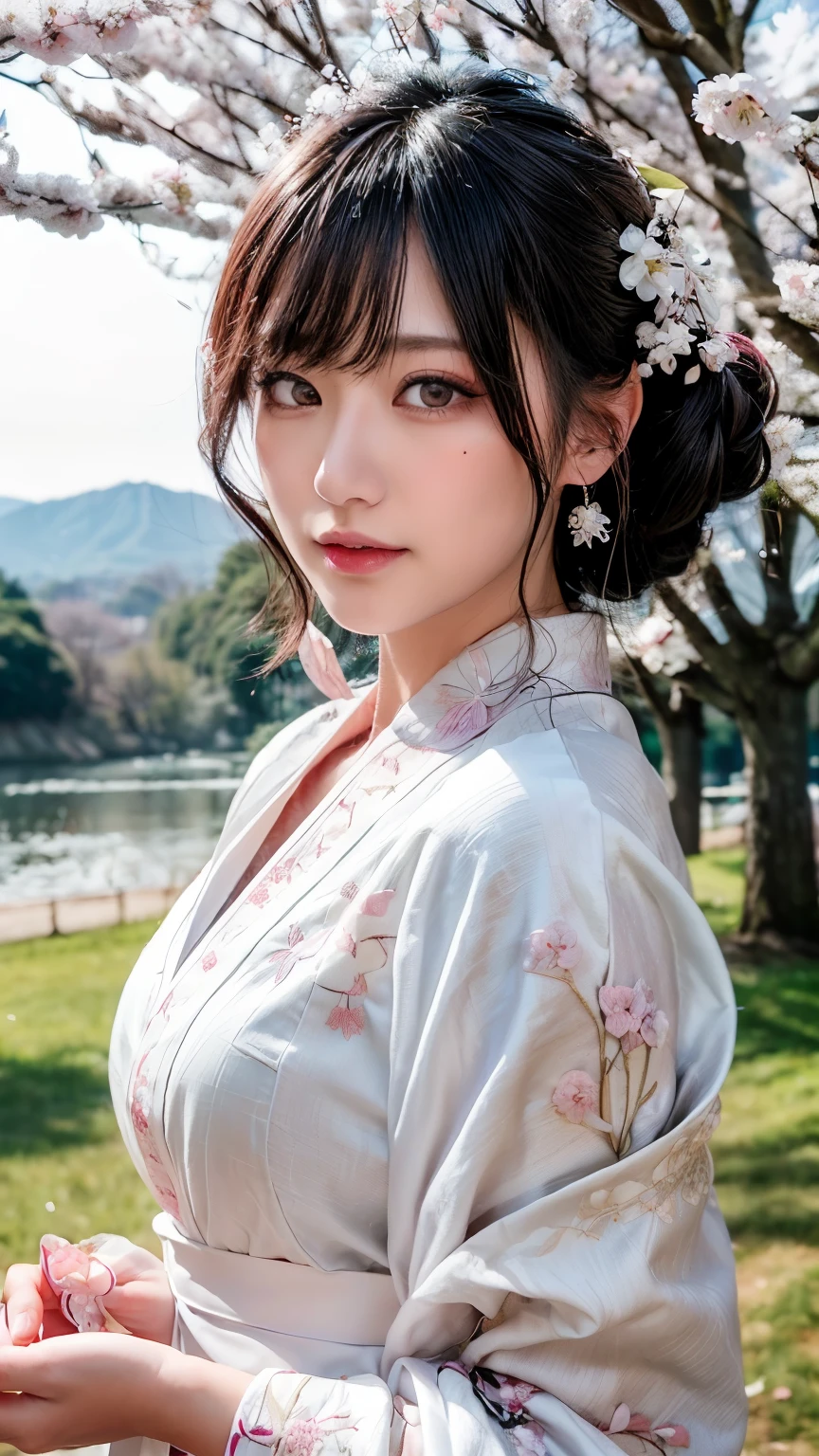 (logo、masterpiece、8k、table top、RAW photo、wonderful、最high quality、Photorealistic and hvery detailed CG integrated 8k wallpaper、high quality、very detailed、Narrative poem、particle effects、dynamic effects、written boundary depth、cinematic light、Lens flare、ray tracing)、fantasy、 (1 beautiful woman、white kimono、Japan Dress、white cherry blossom pattern、White cherry blossom embroidery pattern、black haired、beautiful face、real face、beautiful details eyes beautiful skin)、Hair flutters in Wind、hair bounces、pink cherry tree、petals dance、SakuraFubuki、wonderful景色、sunrise、sun on background、Wind、god々、teeth、god話、vast land
