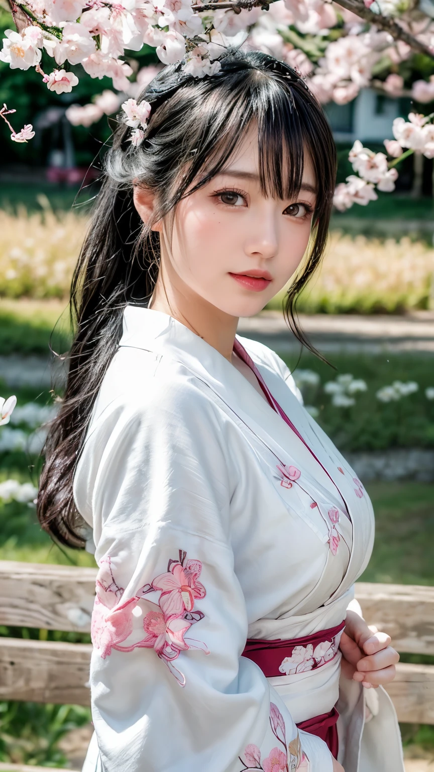 (logo、masterpiece、8k、table top、RAW photo、wonderful、最high quality、Photorealistic and hvery detailed CG integrated 8k wallpaper、high quality、very detailed、Narrative poem、particle effects、dynamic effects、written boundary depth、cinematic light、Lens flare、ray tracing)、fantasy、 (1 beautiful woman、white kimono、Japan Dress、white cherry blossom pattern、White cherry blossom embroidery pattern、black haired、beautiful face、real face、beautiful details eyes beautiful skin)、Hair flutters in Wind、hair bounces、pink cherry tree、petals dance、SakuraFubuki、wonderful景色、sunrise、sun on background、Wind、god々、teeth、god話、vast land