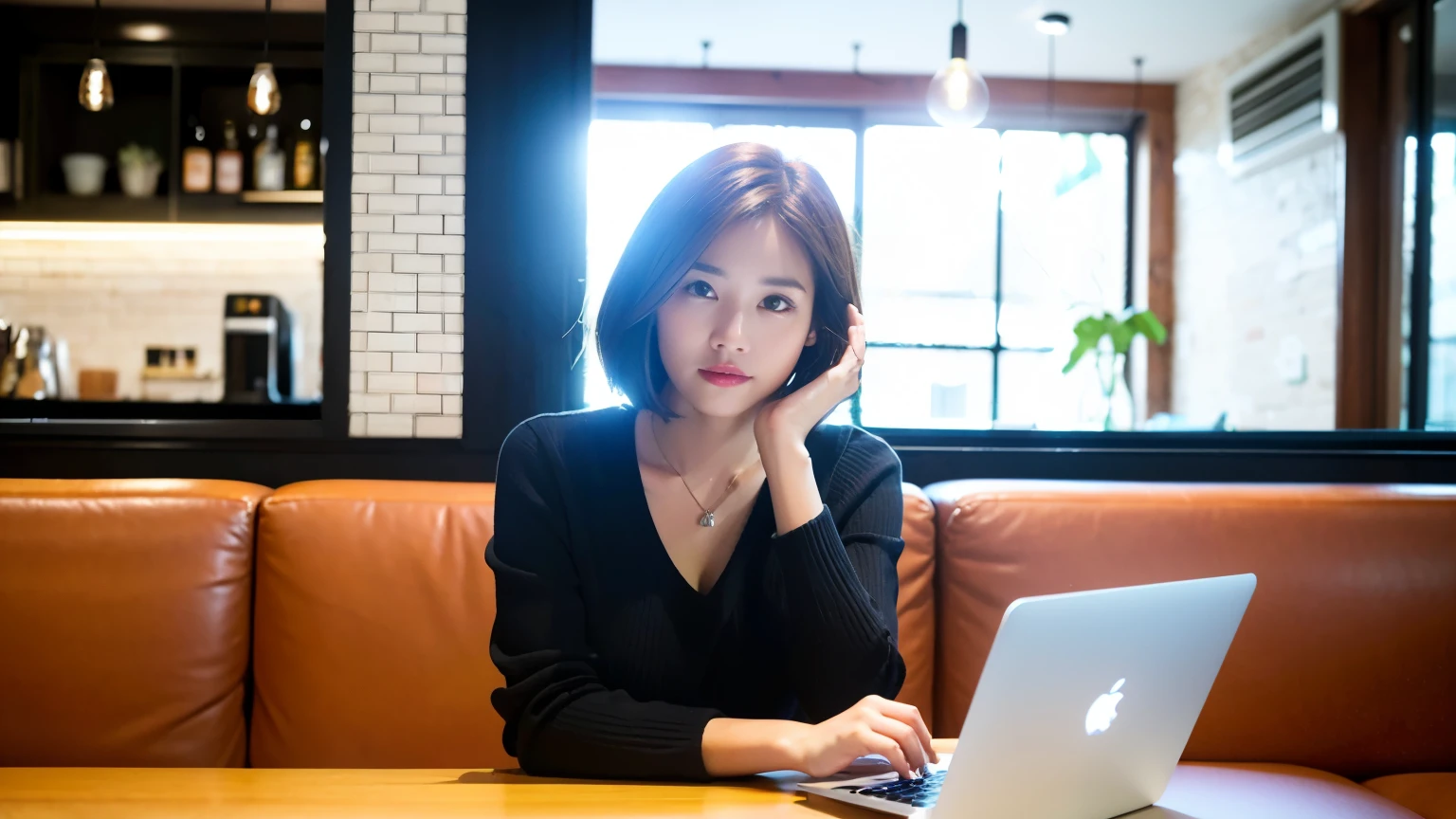 (highest quality、8k、32K、masterpiece:1.2)、A photo of a female college student who looks like a cute model、normal breasts、short bob hair、Upper body、face focus、extra large_sweater、necklace、look at the audience、background a trendy coffee shop with a unique aesthetic and atmosphere. Incorporate elements like modern furniture, artistic decoration, and ambient lighting to enhance the ambiance. People who enjoy drinks々Consider including, engaging in conversation, or quietly working on laptops. Let your creativity flow、In this chic café setting「stable diffusion」Let the idea come to life, short brown hair, sit down, High resolution, delicate facial features, double eyelid, white bank professional wear,