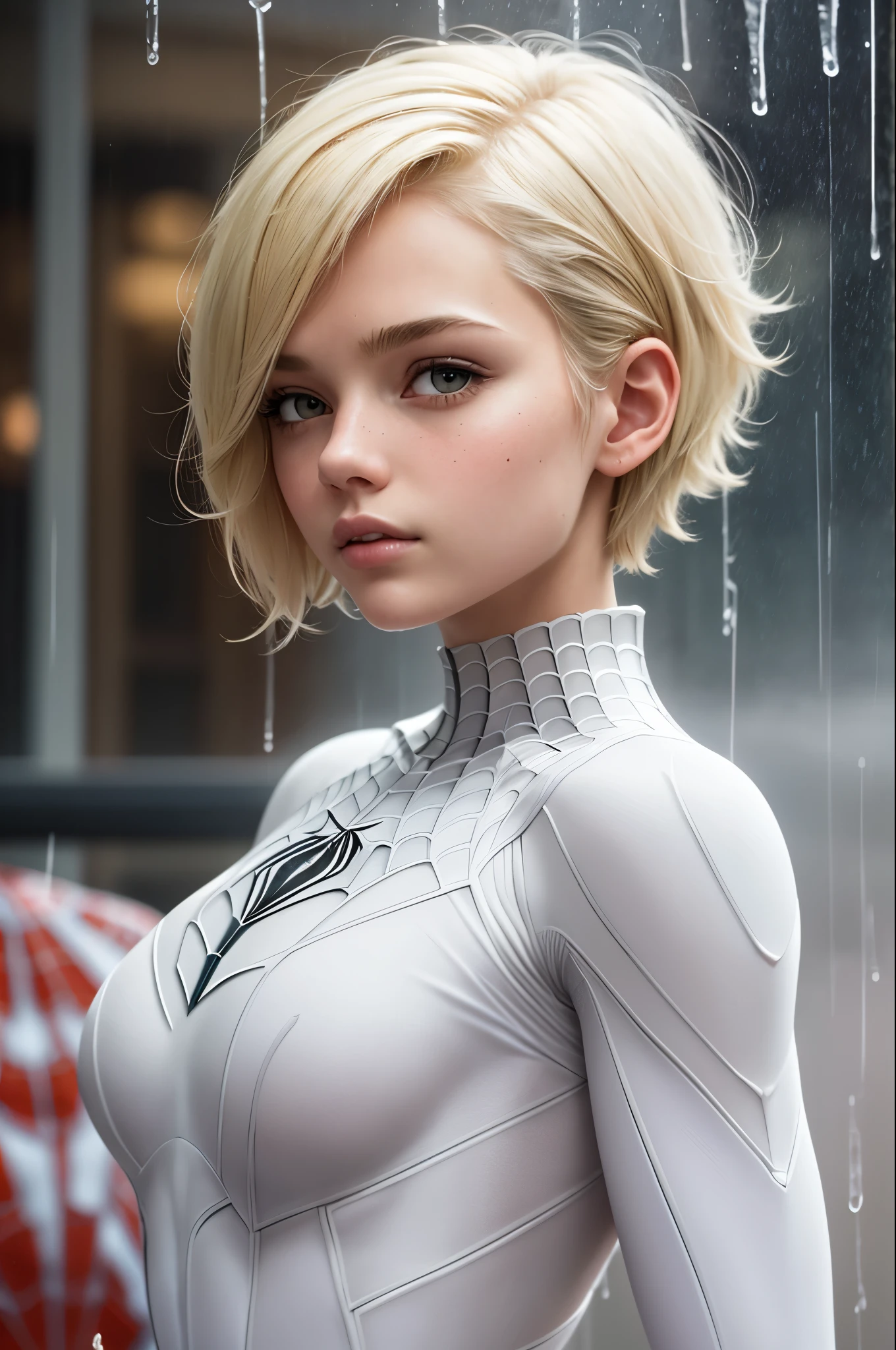 18 yo girl, white spider man suit, short blunt hair, blonde, beautiful face, rain, roof, masterpiece, intricate detail, perfect anatomy