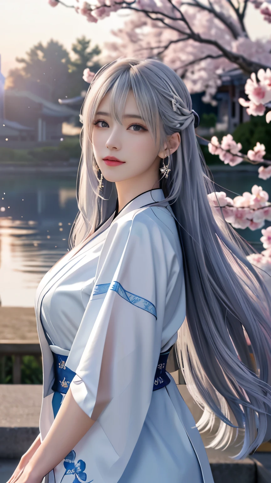 (logo, masterpiece, 8k, table top, RAW photo, wonderful, 最high quality, Photorealistic and hvery detailed CG integrated 8k wallpaper, high quality, very detailed, Narrative poem, particle effects, dynamic effects, Depth of written boundary, cinematic light, Lens flare, ray tracing, anatomically accurate)), fantasy, 1 beautiful woman, silver hair, clear eyes, long hair, beautiful face, real face, 緻密でbeautiful eyes, beautiful skin, long hairがWindでなびく, long hairが跳ねる, long hairがWindで踊る, hair jump, jewelry, beautiful eyes, white kimono, white obi, White cherry blossom embroidery pattern, silver earrings, Wind, blue sky, beautiful background, 古代のWind, Xianxia, pink cherry tree, petals dance, SakuraFubuki, Spectacular view, sunrise, sun on background, Wind, god々, god話, vast land