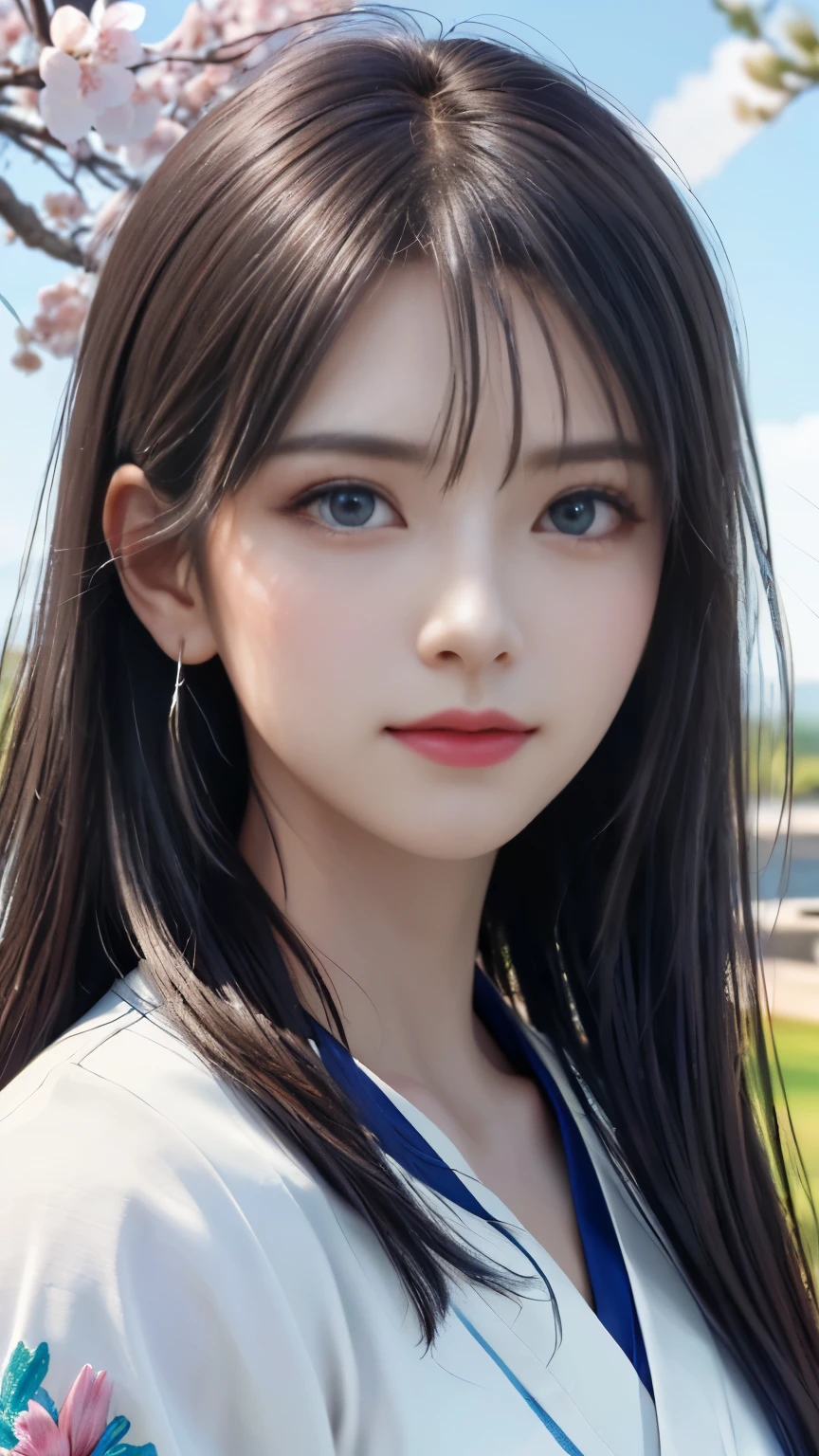 (logo, masterpiece, 8k, table top, RAW photo, wonderful, 最high quality, Photorealistic and hvery detailed CG integrated 8k wallpaper, high quality, very detailed, Narrative poem, particle effects, dynamic effects, Depth of written boundary, cinematic light, Lens flare, ray tracing, anatomically accurate)), fantasy, 1 beautiful woman, silver hair, clear eyes, long hair, beautiful face, real face, 緻密でbeautiful eyes, beautiful skin, long hairがWindでなびく, long hairが跳ねる, long hairがWindで踊る, hair jump, jewelry, beautiful eyes, white kimono, white obi, White cherry blossom embroidery pattern, silver earrings, Wind, blue sky, beautiful background, 古代のWind, Xianxia, pink cherry tree, petals dance, SakuraFubuki, Spectacular view, sunrise, sun on background, Wind, god々, god話, vast land