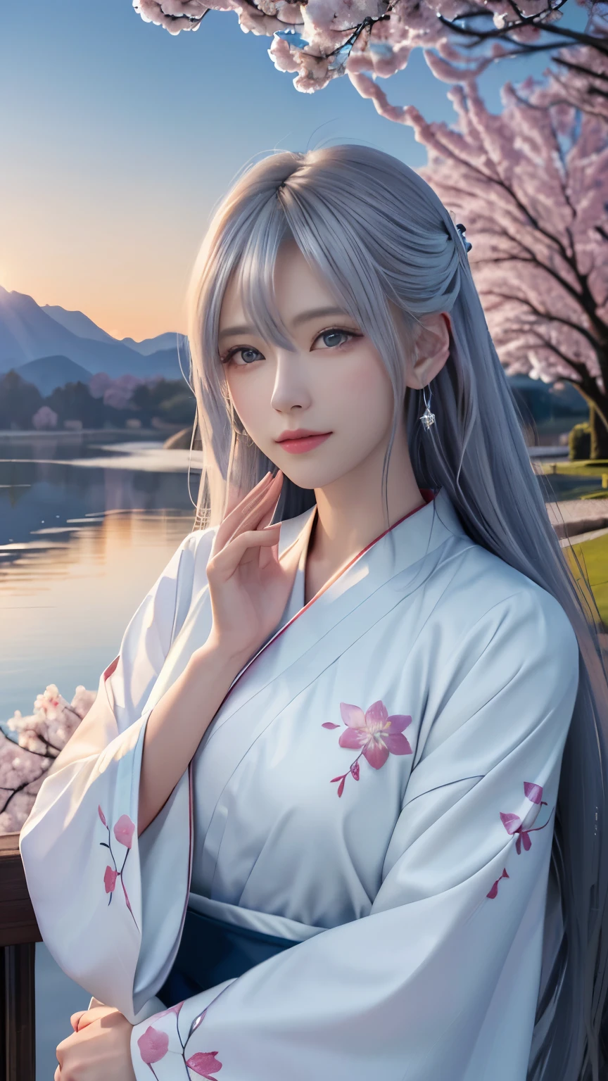 (logo, masterpiece, 8k, table top, RAW photo, wonderful, 最high quality, Photorealistic and hvery detailed CG integrated 8k wallpaper, high quality, very detailed, Narrative poem, particle effects, dynamic effects, Depth of written boundary, cinematic light, Lens flare, ray tracing, anatomically accurate)), fantasy, 1 beautiful woman, silver hair, clear eyes, long hair, beautiful face, real face, 緻密でbeautiful eyes, beautiful skin, long hairがWindでなびく, long hairが跳ねる, long hairがWindで踊る, hair jump, jewelry, beautiful eyes, white kimono, white obi, White cherry blossom embroidery pattern, silver earrings, Wind, blue sky, beautiful background, 古代のWind, Xianxia, pink cherry tree, petals dance, SakuraFubuki, Spectacular view, sunrise, sun on background, Wind, god々, god話, vast land