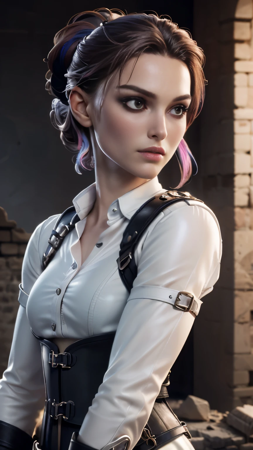 photo of celebrity, RAW, beautiful woman, ((portrait)), ((detailed face, colorful rainbow hair:1.2)), ((detailed facial feature, detailed skin, clear skin, parted lips), (perfect proportioned body, medium breasts, cleavage), ((upsweep updo, wearing swashbuckler rogue black corset, white shirt, black leather pants,straps buckles, armor,: 1.5)), (high detailed indoors overgrown, ancient ruins: 1.3), (realistic photo, best quality, detailed), (8k wallpaper), (cinematic lighting, dramatic lighting) (sharp focus, intricate)