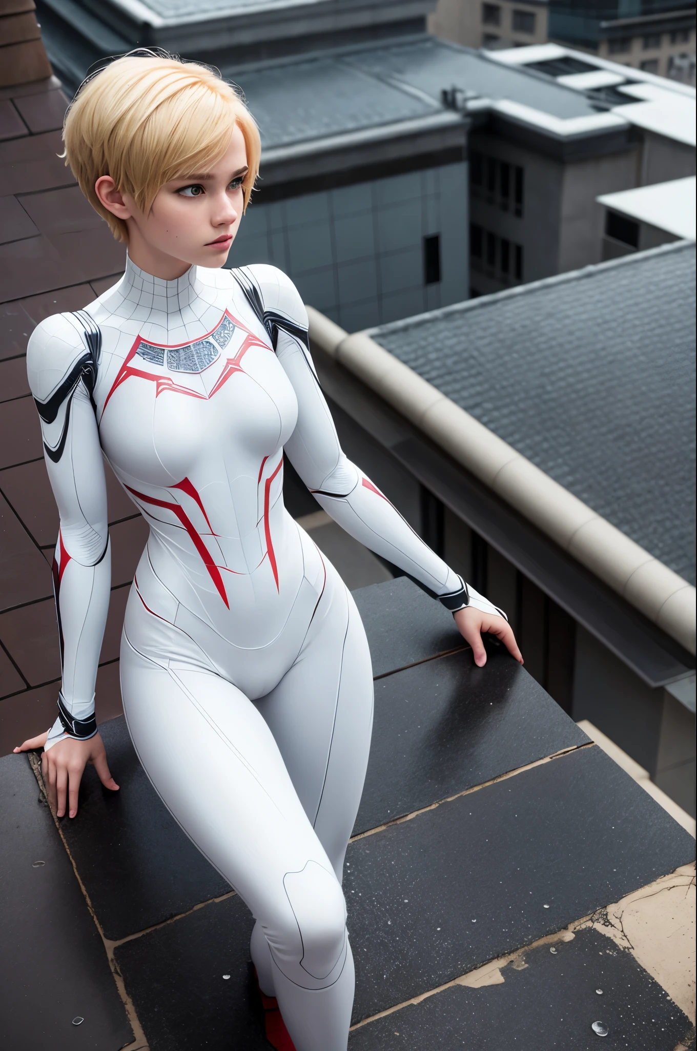 18 yo girl, white spider man suit, short blunt hair, blonde, beautiful face, rain, roof, masterpiece, intricate detail, perfect ???????, redhead, photo realistic