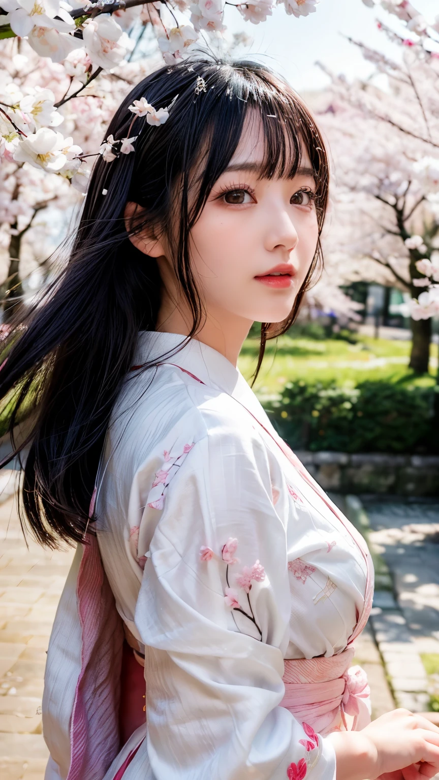 (logo、masterpiece、8k、table top、RAW photo、wonderful、最high quality、Photorealistic and hvery detailed CG integrated 8k wallpaper、high quality、very detailed、Narrative poem、particle effects、dynamic effects、written boundary depth、cinematic light、Lens flare、ray tracing)、fantasy、 (1 beautiful woman、white kimono、Japan Dress、white cherry blossom pattern、White cherry blossom embroidery pattern、black haired、beautiful face、real face、beautiful details eyes beautiful skin)、Hair flutters in Wind、hair bounces、pink cherry tree、petals dance、SakuraFubuki、wonderful景色、sunrise、sun on background、Wind、god々、teeth、god話、vast land