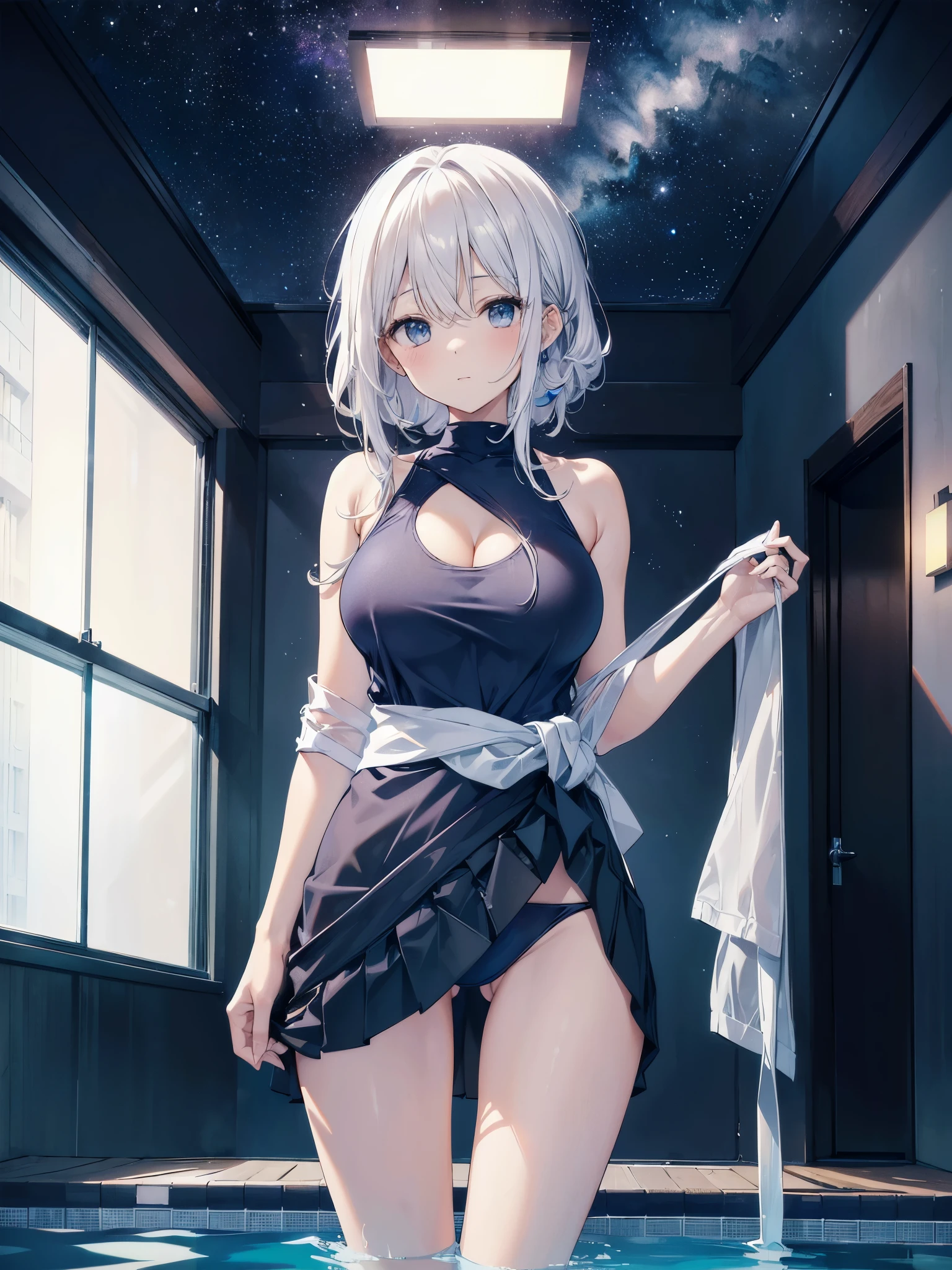 A 27-year-old female office worker enjoys her holiday at the indoor pool.、dark brownの髪色でロングボブヘアーです、Full cup swimsuit top made of navy blue fabric、The swimsuit top is covered with white cloth to hide the lower half of the cleavage.、Navy blue swimsuit panties with ribbons on the sides、A white, transparent cloth is wrapped around the waist to form a skirt so that the panty line is visible.、wrap skirt、The ceiling and walls are made of glass、You can see the night sky outside the glass、It's late night now、High quality starry sky、high resolution images