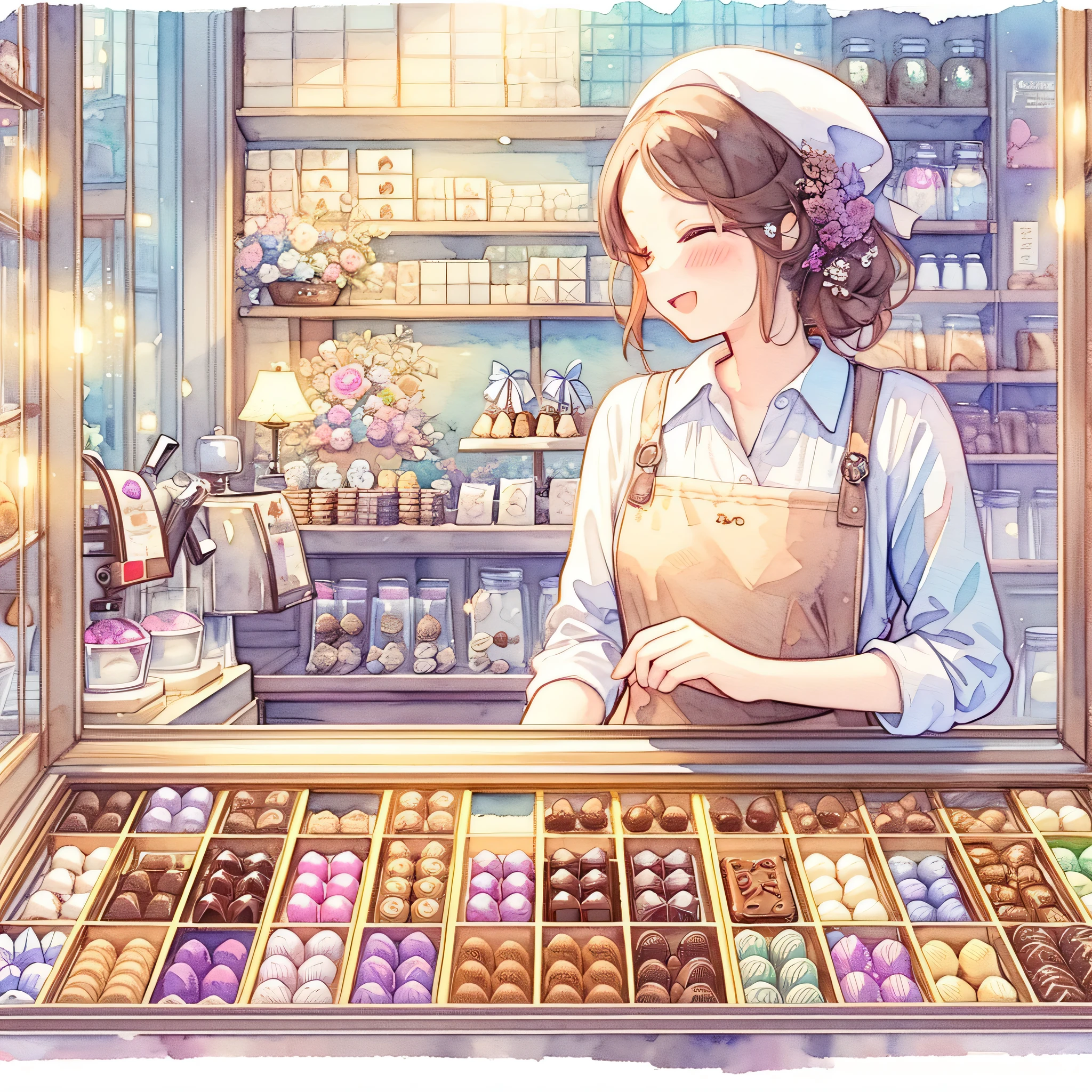 Pastel Watercolor、chocolate shop、A show window lined with small jewel-like chocolates、A girl wearing an apron offers chocolate with a smile、The background is a chocolatier shop., Shopping with a tray of macarons, a beautiful artwork illustration, Cute shop, 古い魔法のsweets屋さんの中, Fantasy Bakery, mysterious coffee shop girl, dreamy illustration, beautiful illustrations, detailed fan art, beautiful artwork, fantasy interior setting, commercial illustration, official fan art, Official illustration, sweets, write artwork, beautiful digital illustrations