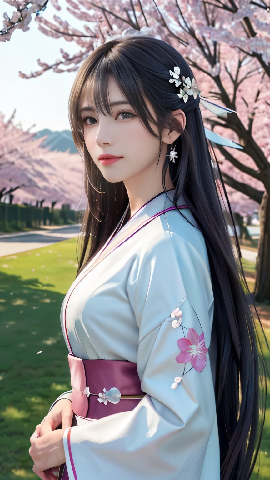 (logo, masterpiece, 8k, table top, RAW photo, wonderful, 最high quality, Photorealistic and hvery detailed CG integrated 8k wallpaper, high quality, very detailed, Narrative poem, particle effects, dynamic effects, Depth of written boundary, cinematic light, Lens flare, ray tracing, anatomically accurate)), fantasy, 1 beautiful woman, silver hair, clear eyes, long hair, beautiful face, real face, 緻密でbeautiful eyes, beautiful skin, long hairがWindでなびく, long hairが跳ねる, long hairがWindで踊る, hair jump, jewelry, beautiful eyes, white kimono, white obi, White cherry blossom embroidery pattern, silver earrings, Wind, blue sky, beautiful background, 古代のWind, Xianxia, pink cherry tree, petals dance, SakuraFubuki, Spectacular view, sunrise, sun on background, Wind, god々, god話, vast land