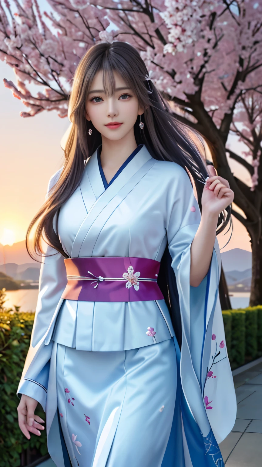 (logo, masterpiece, 8k, table top, RAW photo, wonderful, 最high quality, Photorealistic and hvery detailed CG integrated 8k wallpaper, high quality, very detailed, Narrative poem, particle effects, dynamic effects, Depth of written boundary, cinematic light, Lens flare, ray tracing, anatomically accurate)), fantasy, 1 beautiful woman, silver hair, clear eyes, long hair, beautiful face, real face, 緻密でbeautiful eyes, beautiful skin, long hairがWindでなびく, long hairが跳ねる, long hairがWindで踊る, hair jump, jewelry, beautiful eyes, white kimono, white obi, White cherry blossom embroidery pattern, silver earrings, Wind, blue sky, beautiful background, 古代のWind, Xianxia, pink cherry tree, petals dance, SakuraFubuki, Spectacular view, sunrise, sun on background, Wind, god々, god話, vast land