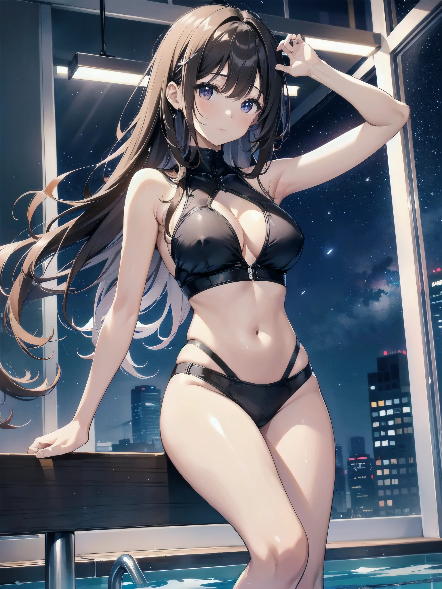 A 27-year-old female office worker enjoys her holiday at the indoor pool.、dark brownの髪色でロングボブヘアーです、I'm not wearing anything、she is completely naked、squishy belly、She has pubic hair and we can see it、You can see the night sky outside the glass、It's late night now、High quality starry sky、high resolution images