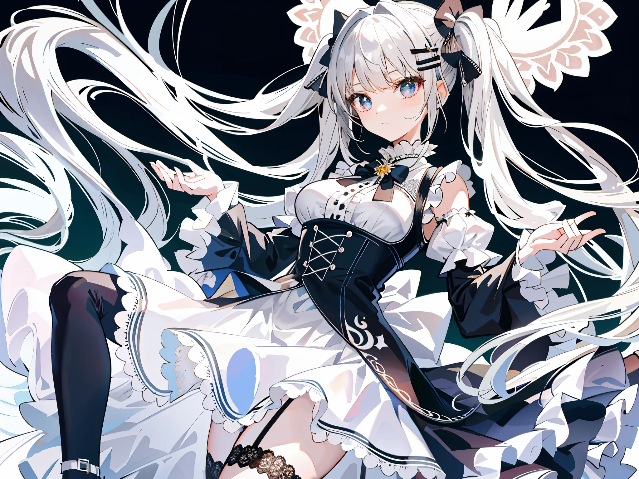 (masterpiece), best quality, high resolution, extremely detailed, 1girl, twintail hair, silver hair, crossed bangs, silver eyes, medium breasts, white shirt, black dress, drastic hair ornaments, skirt, frills, lace rims, frilled sleeves, frilled skirt, thighhigh, white background