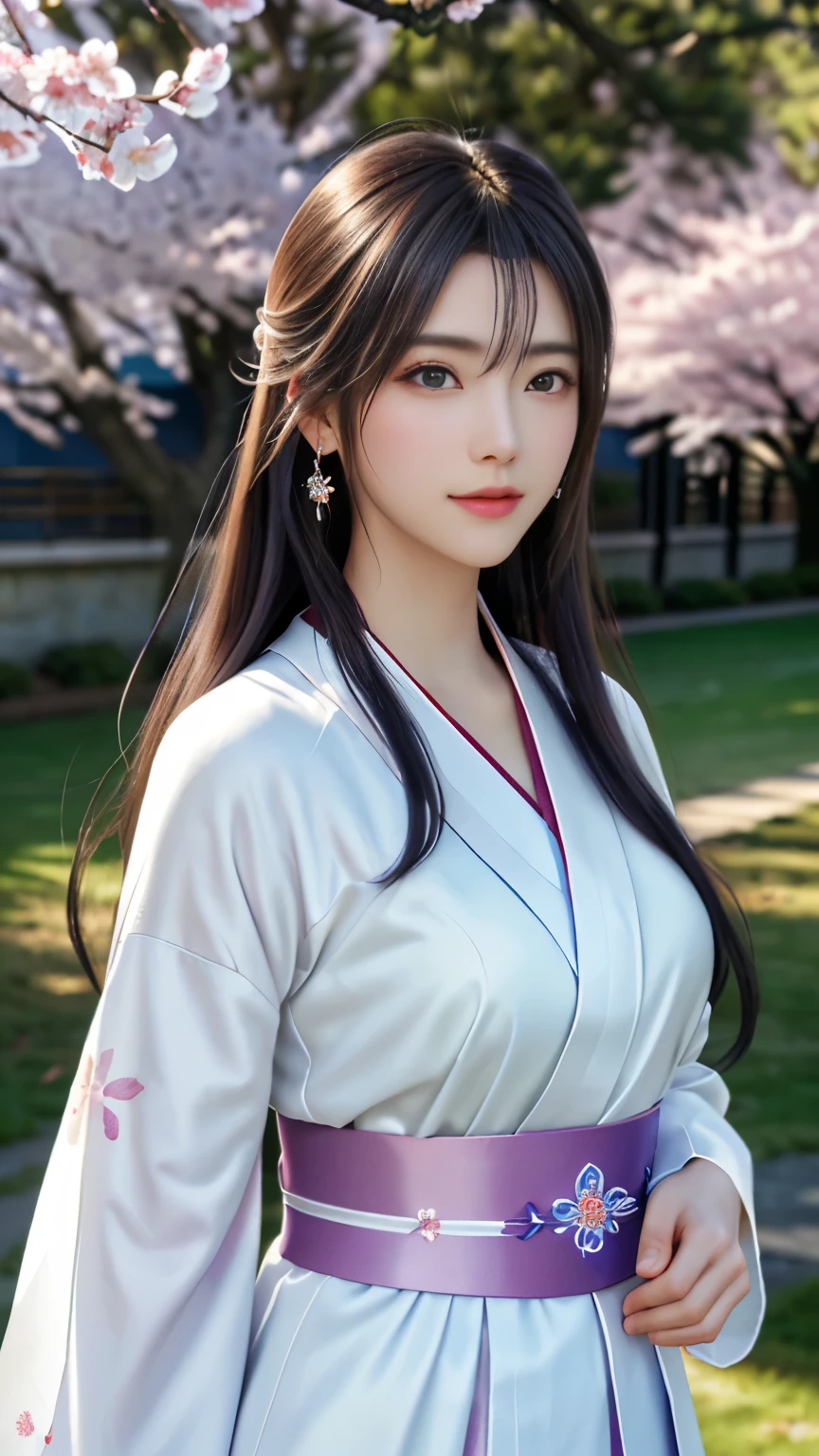 (logo, masterpiece, 8k, table top, RAW photo, wonderful, 最high quality, Photorealistic and hvery detailed CG integrated 8k wallpaper, high quality, very detailed, Narrative poem, particle effects, dynamic effects, Depth of written boundary, cinematic light, Lens flare, ray tracing, anatomically accurate)), fantasy, 1 beautiful woman, black hair, clear eyes, long hair, beautiful face, real face, 緻密でbeautiful eyes, beautiful skin, long hairがWindでなびく, long hairが跳ねる, long hairがWindで踊る, hair jump, jewelry, beautiful eyes, white kimono, white obi, White cherry blossom embroidery pattern, silver earrings, Wind, blue sky, beautiful background, 古代のWind, Xianxia, pink cherry tree, petals dance, SakuraFubuki, Spectacular view, sunrise, sun on background, Wind, god々, god話, vast land