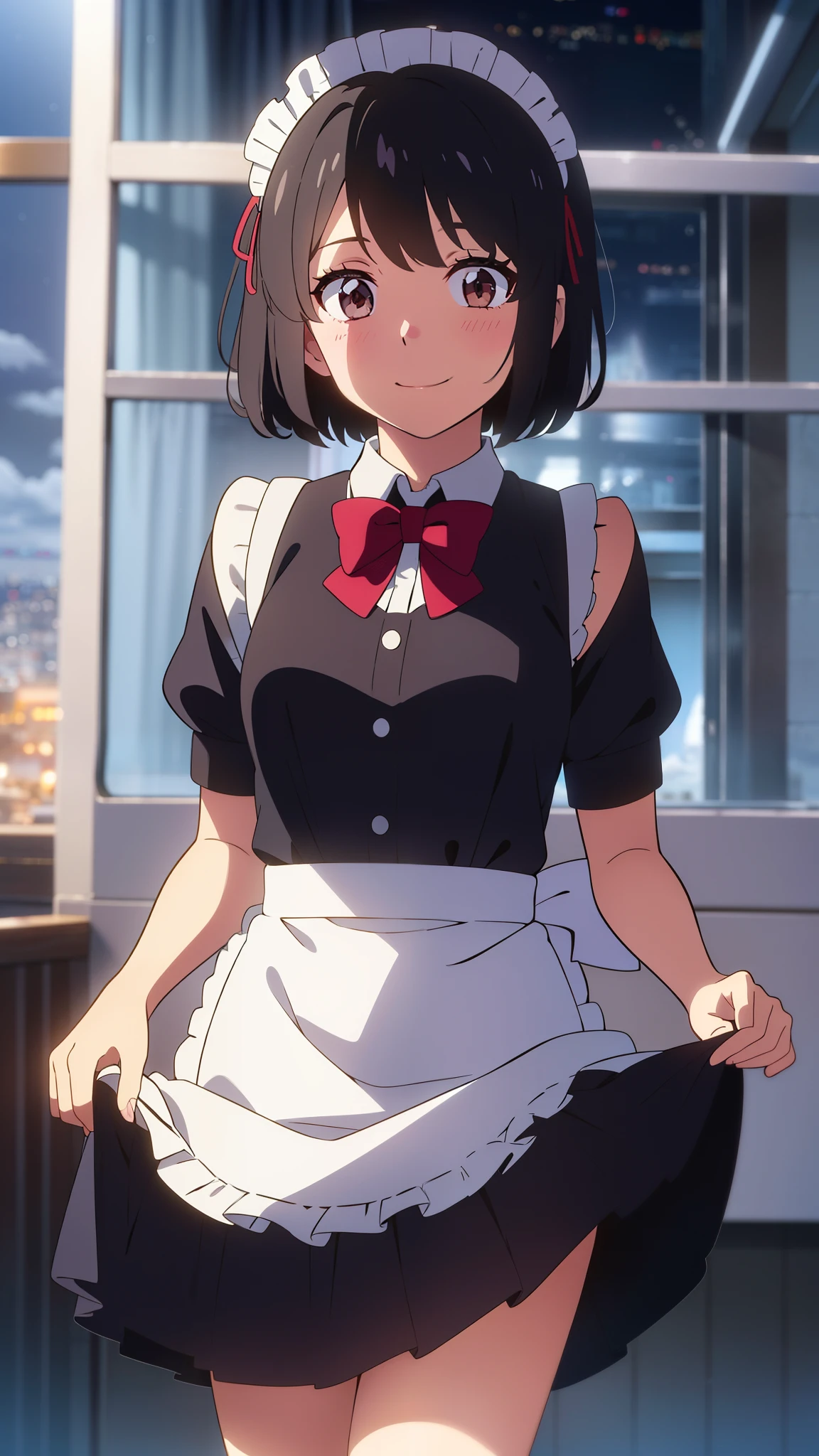 shinkai makoto, kimi no na wa., 1girl, bangs, black hair, short hair, blush, brown eyes, looking at the viewer, ((girl wear maid dress, Off-the-shoulders, short dress, short skirt, maid headdress)), red bow, red ribbon, smile, cute, happy, fun, joyful, school, outdoors, night, night sky, cloudy, dynamic lights