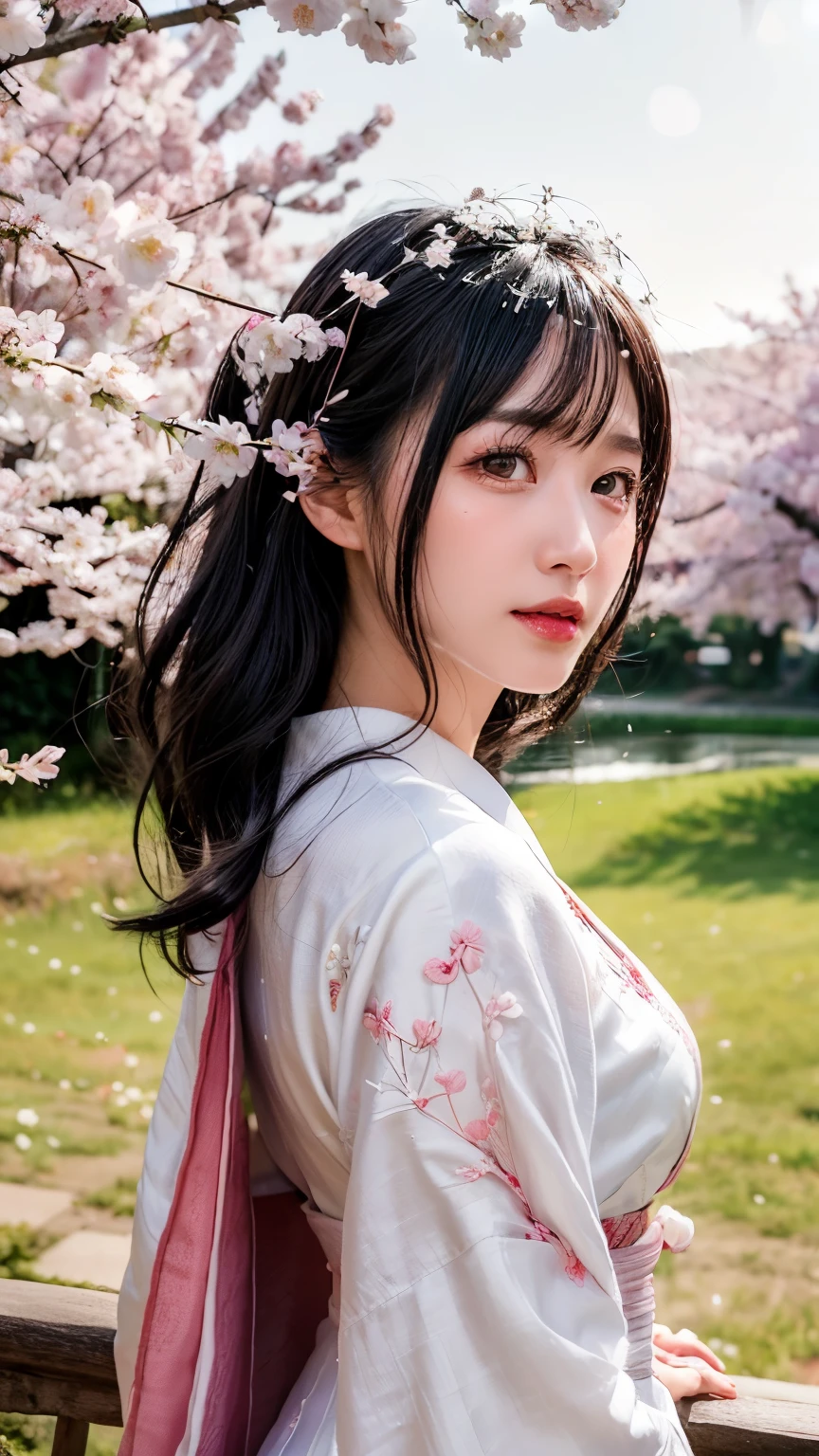 (logo、masterpiece、8k、table top、RAW photo、wonderful、最high quality、Photorealistic and hvery detailed CG integrated 8k wallpaper、high quality、very detailed、Narrative poem、particle effects、dynamic effects、written boundary depth、cinematic light、Lens flare、ray tracing)、fantasy、 (1 beautiful woman、white kimono、Japan Dress、white cherry blossom pattern、White cherry blossom embroidery pattern、black haired、beautiful face、real face、beautiful details eyes beautiful skin)、Hair flutters in Wind、hair bounces、pink cherry tree、petals dance、SakuraFubuki、wonderful景色、sunrise、sun on background、Wind、god々、teeth、god話、vast land