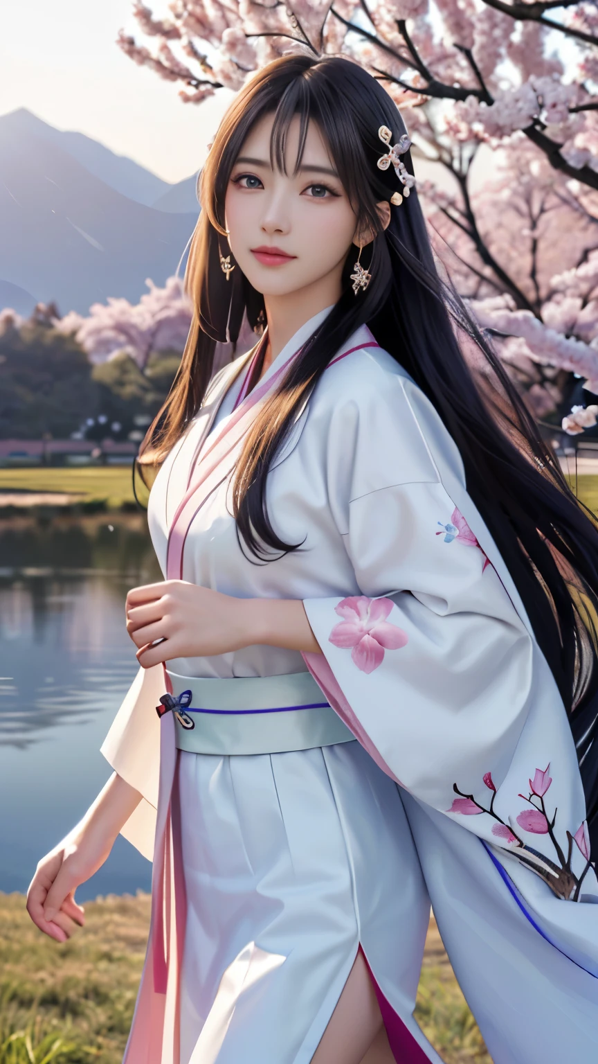 (logo, masterpiece, 8k, table top, RAW photo, wonderful, 最high quality, Photorealistic and hvery detailed CG integrated 8k wallpaper, high quality, very detailed, Narrative poem, particle effects, dynamic effects, Depth of written boundary, cinematic light, Lens flare, ray tracing, anatomically accurate)), fantasy, 1 beautiful woman, black hair, clear eyes, long hair, beautiful face, real face, 緻密でbeautiful eyes, beautiful skin, long hairがWindでなびく, long hairが跳ねる, long hairがWindで踊る, hair jump, jewelry, beautiful eyes, white kimono, white obi, White cherry blossom embroidery pattern, silver earrings, Wind, blue sky, beautiful background, 古代のWind, Xianxia, pink cherry tree, petals dance, SakuraFubuki, Spectacular view, sunrise, sun on background, Wind, god々, god話, vast land