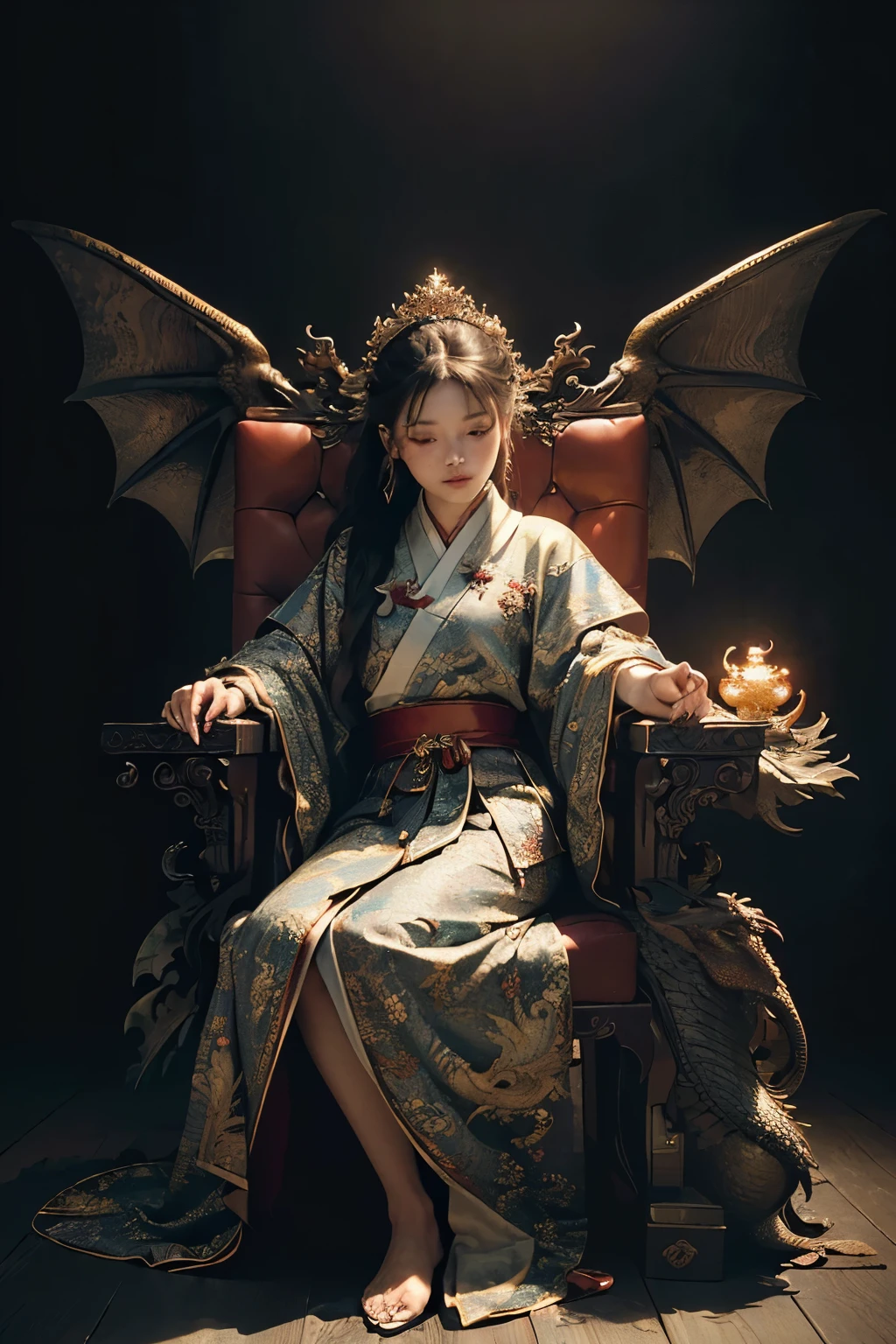 ((Top quality, 8K, Masterpiece: 1.3)), Sharp focus: 1.2, A majestic dragon in Hanfu attire, Looking at Viewer, Perfect Style, (((Sits regally on a throne, Tail curled around, wings spread wide))), (Open your eyes wide: 1.5), (Closes its eyes: 0.88), radiant orange scales reflecting light, Majestic and Powerful, Most famous in ancient Chinese mythology, (ultra realisic), (Photoreal), (Increased resolution), (8K), (Extremely detailed), (best dragons), (beautifully detailed eyes),